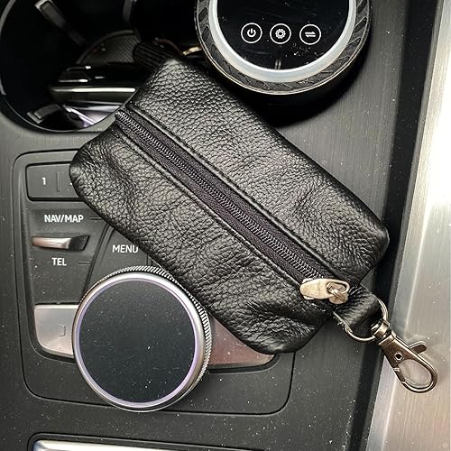 Miniatura 6 de Auony Funda unisex de cuero genuino para llaves con llavero y cremallera, Negro -