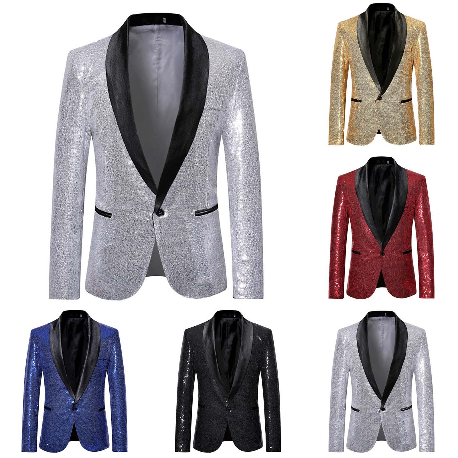 Giacca con glitter da uomo, con paillette dorate, per matrimoni, feste, slim fit, da uomo, con un bottone, per smoking, Natale, Capodanno, costume da performance