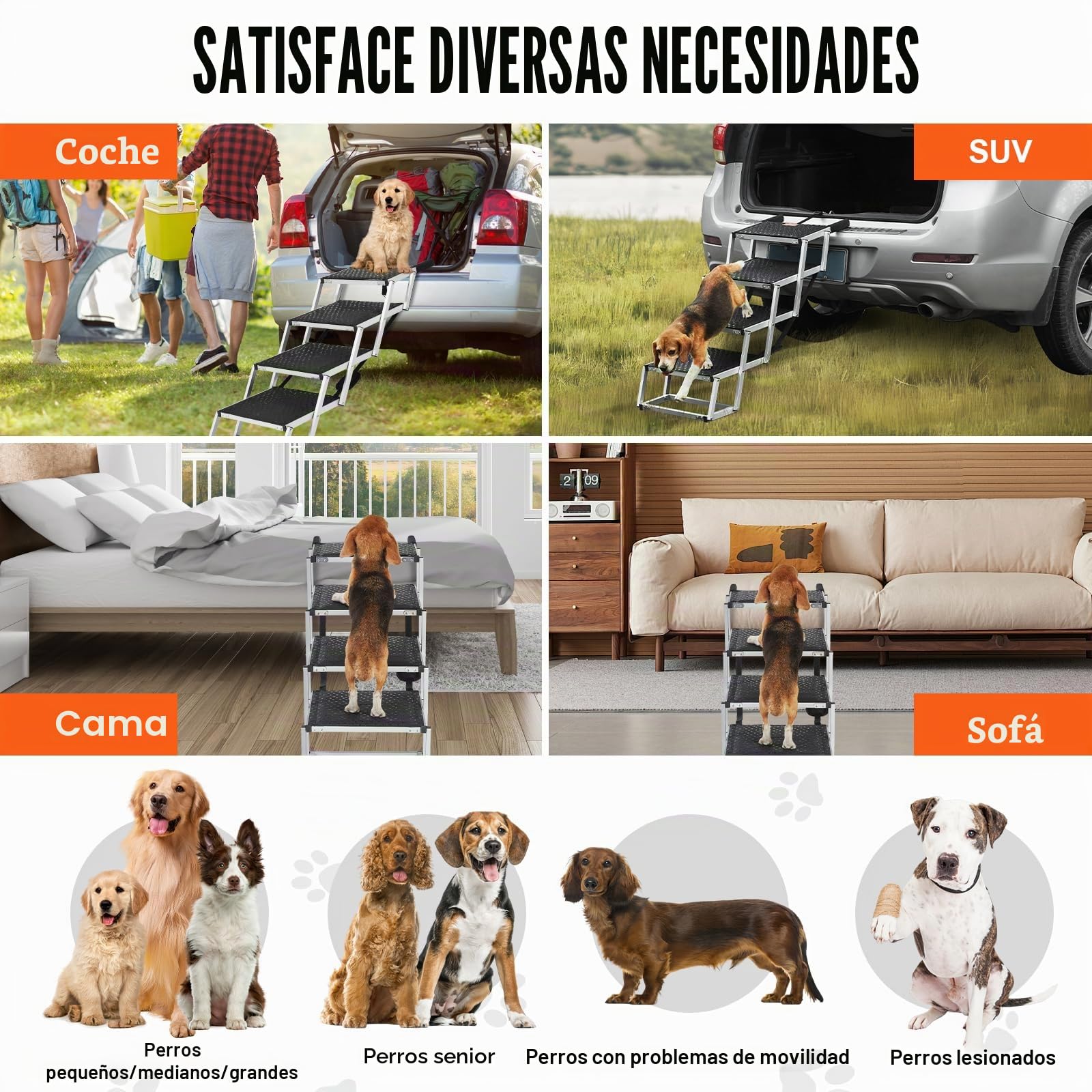 VEVOR Escaleras para Perros para Coche de 4 escalones, Carga de 68 kg Rampa Plegable para Perros de Aluminio Ligero con Superficie Antideslizante Escalones Portátiles de Mascotas para Coche y Camión