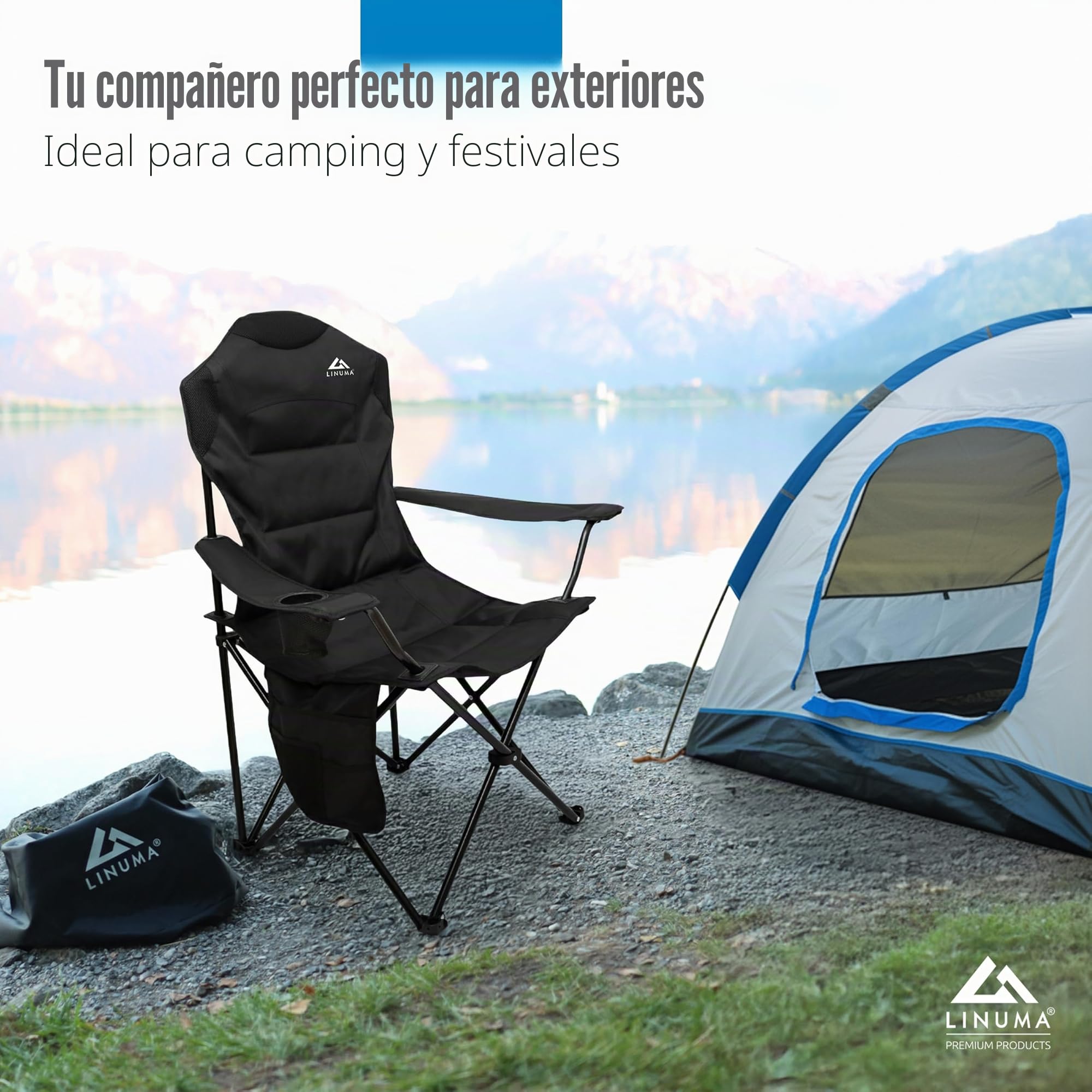 Silla de Camping de Lujo Plegable Color Negro con Soporte para Bebidas y Bolsa de Transporte – Silla Resistente y cómoda de Aluminio para Camping, Pesca, jardín y Playa