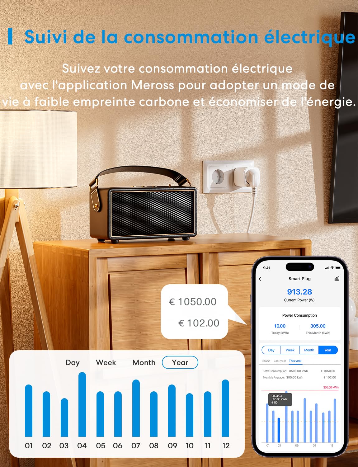 Meross Prise Connectée (Type F), 16A Prise WiFi Compatible avec Alexa et Google Home, Lot de 4 Prises avec Mesure de Consommation Électrique, Commande Vocale et Contrôle à Distance | Prise WiFi Compatible avec Alexa et Google Home, Commande Vocale, Contrô