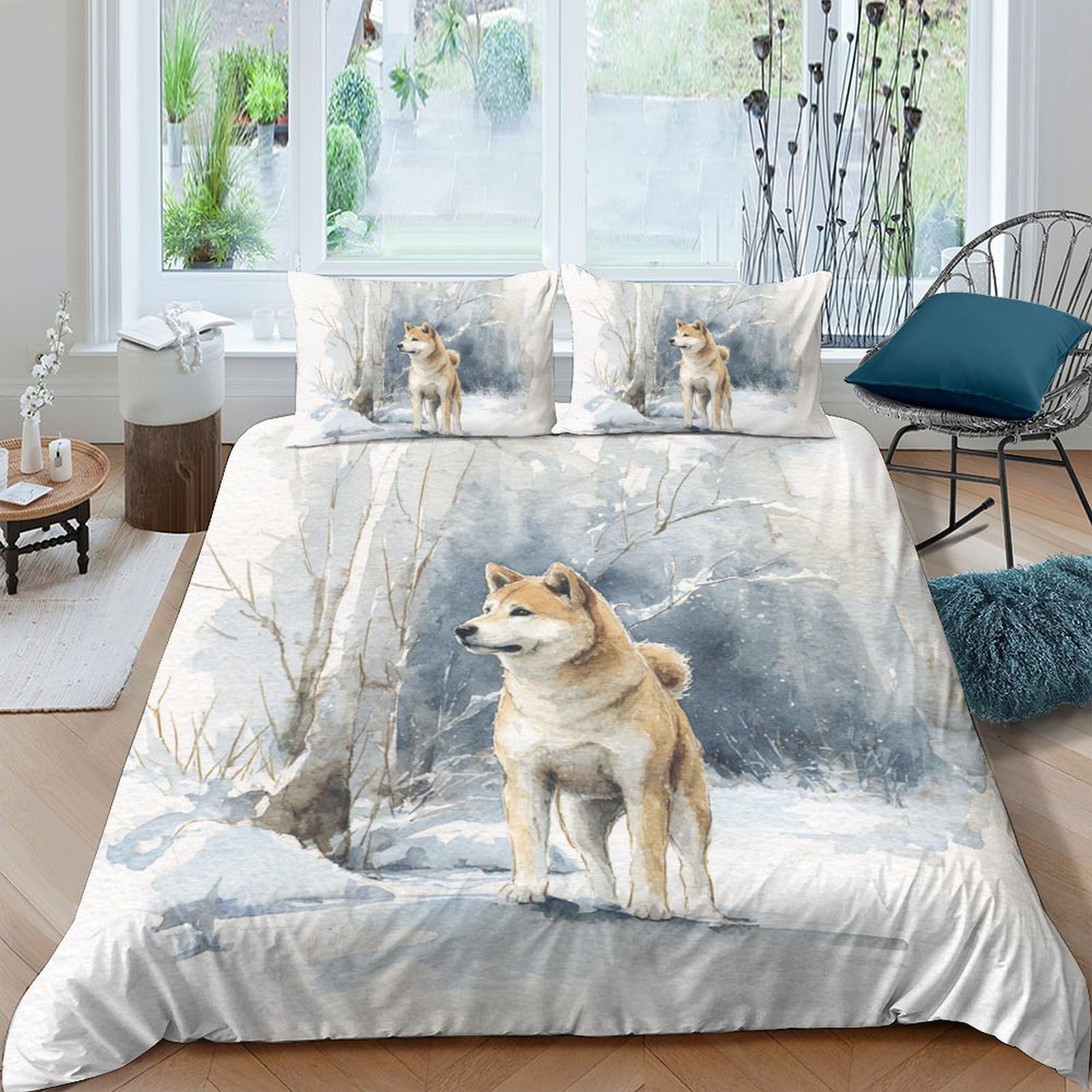 Ctjqhvkz Style-5 3D Printed Shiba Inu Forest Fitted Sheet Microfiber Soft Breathable Winter Snow Mattress Cover Bedroom Decor Single（135X200cm）