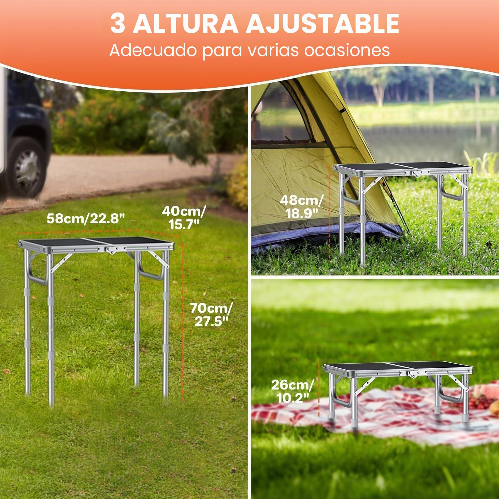 FUNYKICH Mesa Plegable de Camping, Mesa de Picnic Portátil de 3 Alturas Ajustables, Ligera de Aluminio para Exteriores con Asa de Transporte para Camping, Picnic, Barbacoa, 58x40 cm, Plata