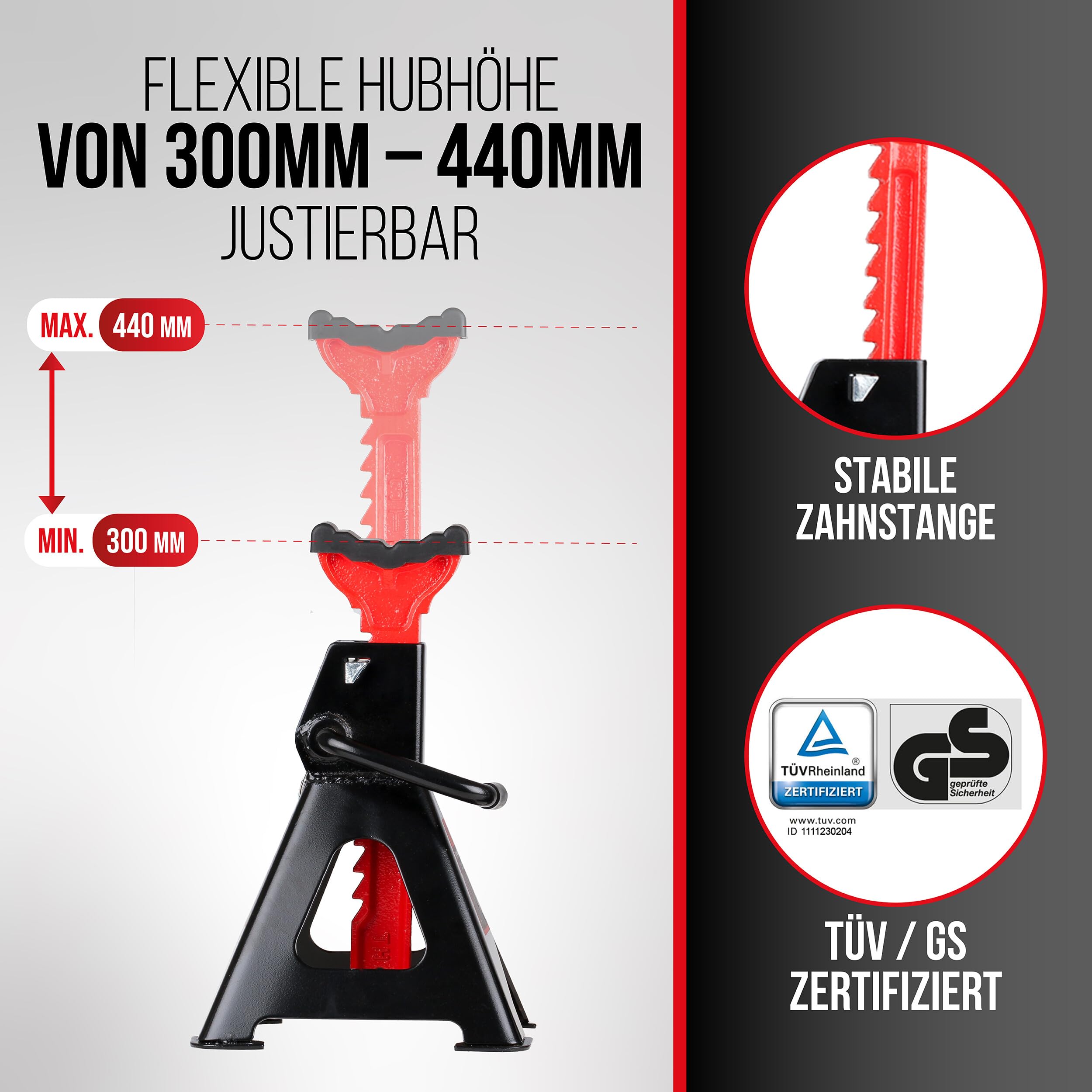 HEYNER® Unterstellbock 2er Set mit Gummiauflage Hubhöhe 300-440 mm TÜV/EAW-Zertifiziert Traglast 3t Stützbock Stützfuß 10-Fach Höhenverstellbar