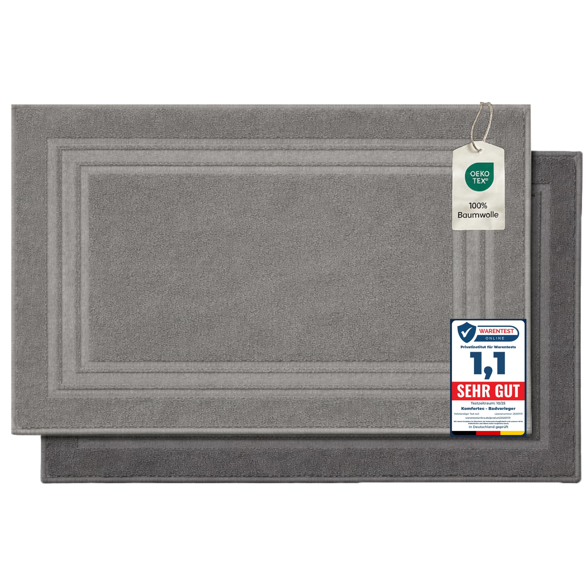 Komfortec Bath Mat Set, 2 Pieces, Terry Cloth Shower Mat, Washable Shower Mat & Bath Mat, 600 g/m² & 100% Cotton, Absorbent & Quick Drying, 50 x 70 cm, Anthracite Grey/Silver — image 1