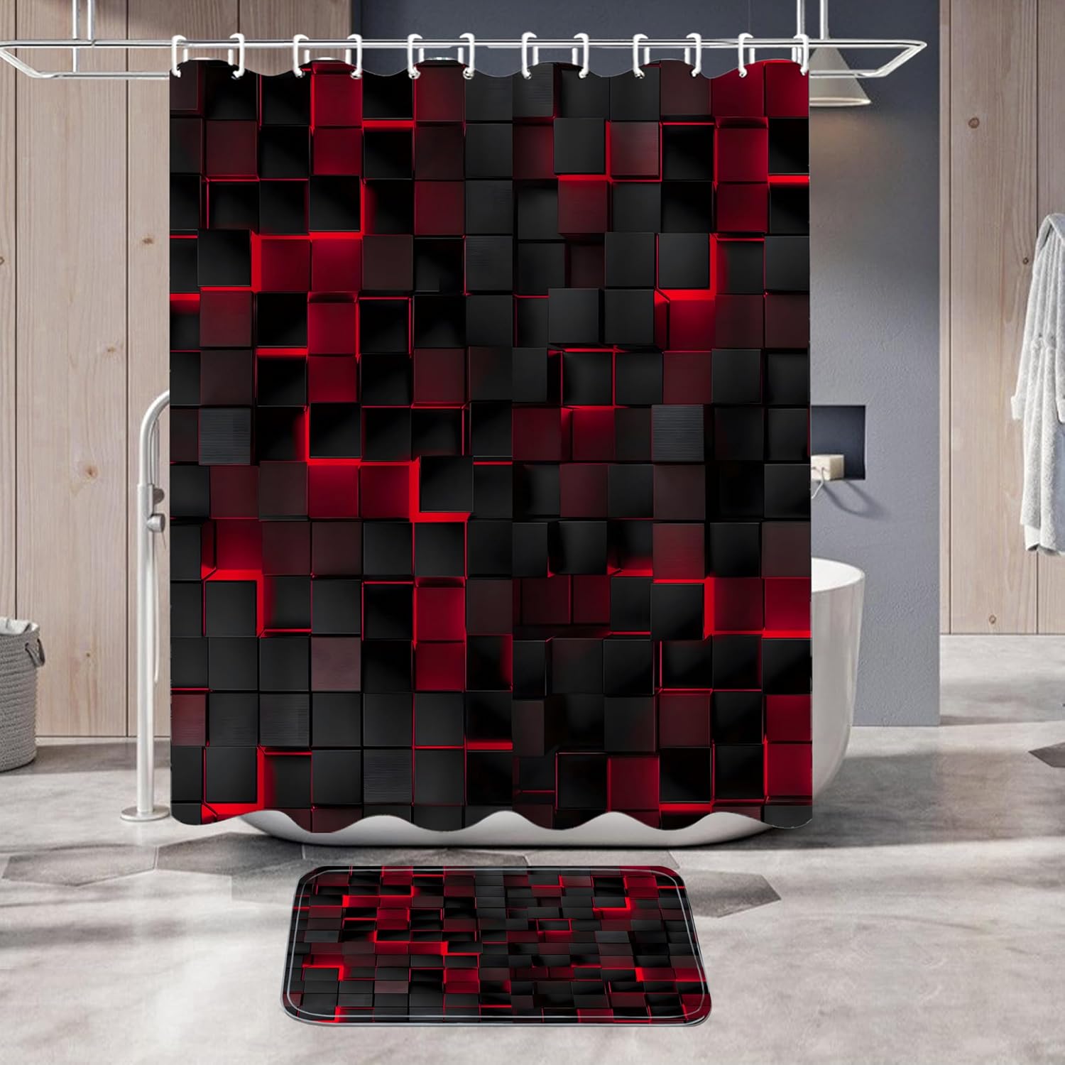 LQCOOL 4Pcs Shower Curtain Set Black 3D Cubes Shower Curtain Set Modern Bathroom Sets with Shower Curtain and Rugs Red Shower Curtain with 12 Hooks