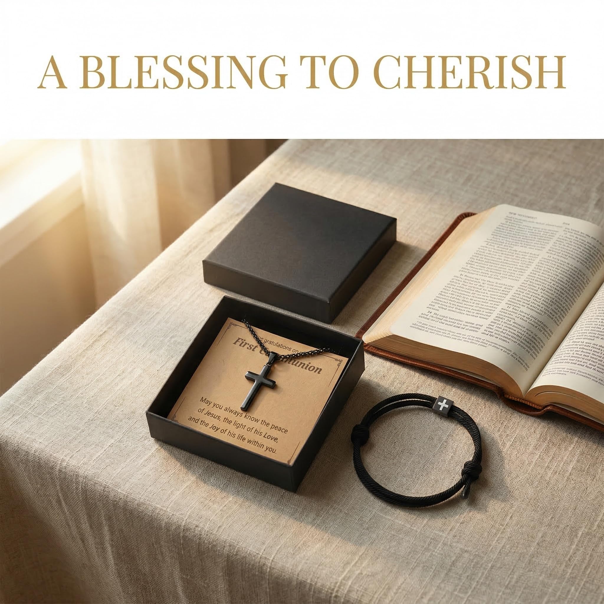 First Communion Gifts for Boys, Cross Necklace and Bracelet Baptism Gift, Black 1st Confirmation Gifts for Boys Girls for Easter Gift Confirmation Decorations - 3