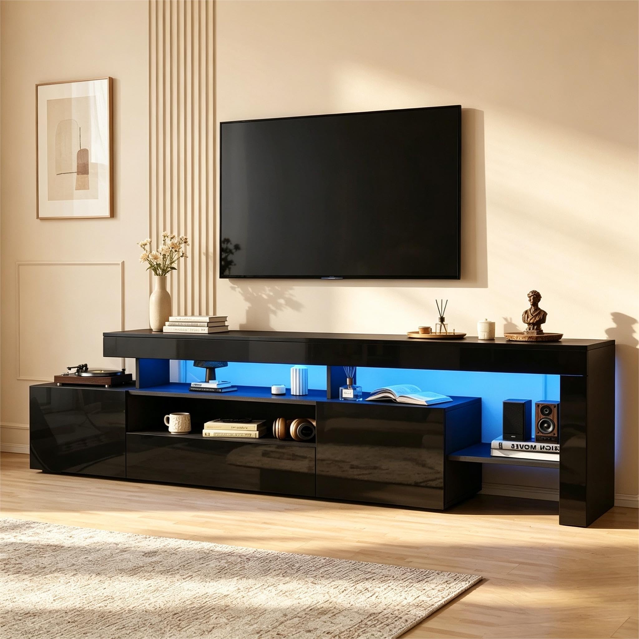 192 x 37 x 53 cm, mobile TV con 3 armadi, supporto e mobile TV, mobile basso lucido e tavolino TV, mobile TV e cassettiera, adatto per televisori da 85 pollici, nero