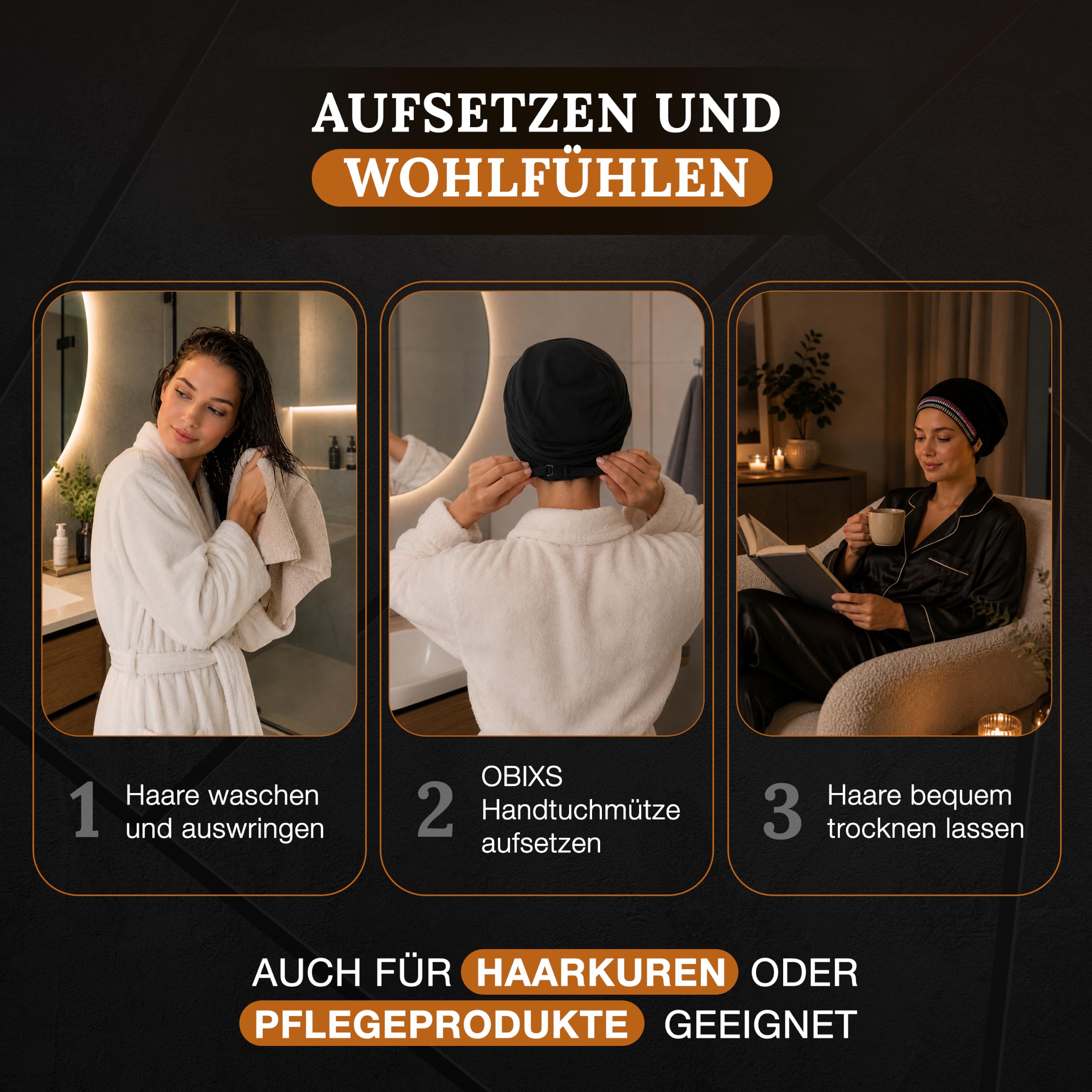 Handtuchmütze – Handtuch & Mütze in einem – Turban für nasse Haare – schnelltrocknend, saugstark – Damen – Wellness, Sauna, Fitness, Strand – One Size schwarz