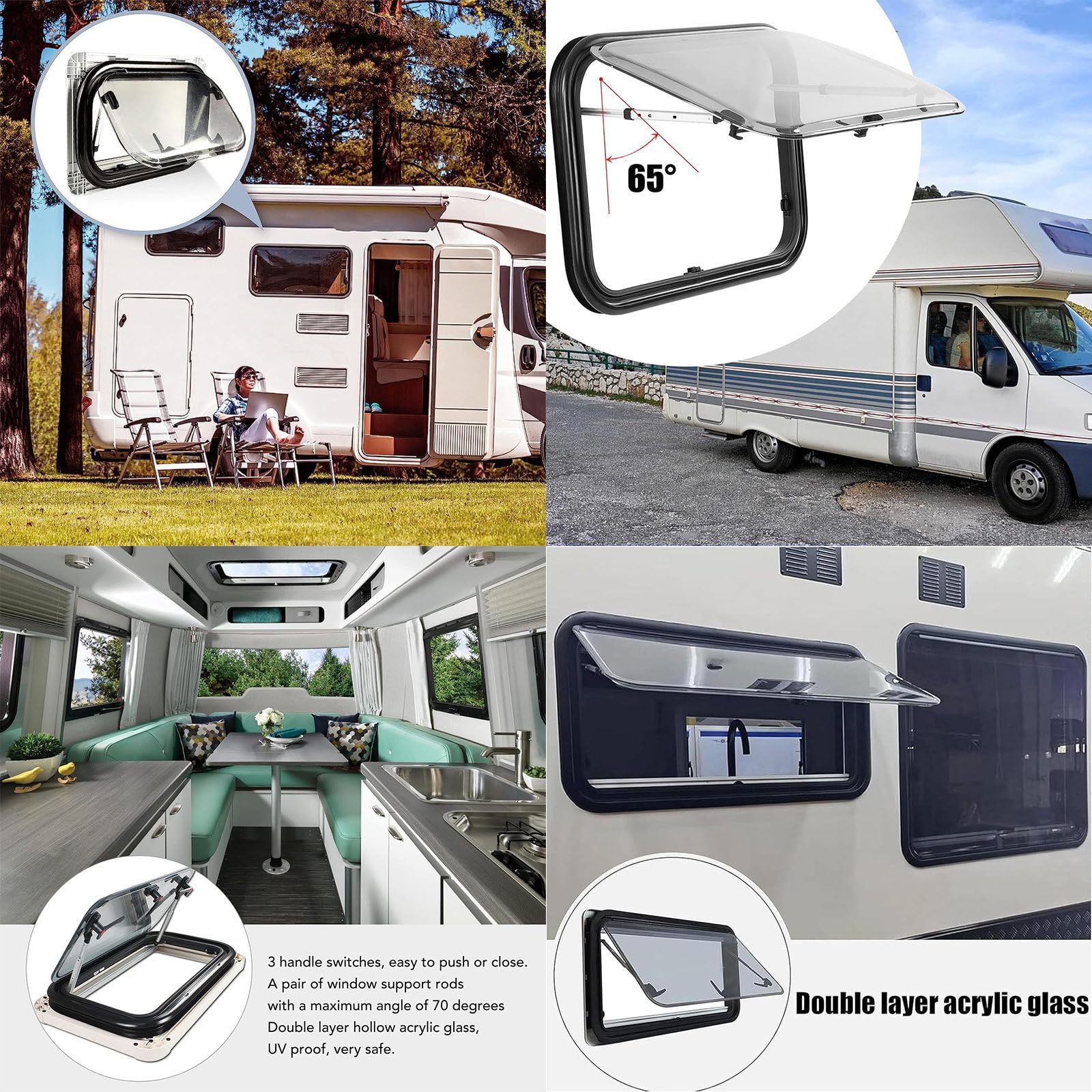 Okno wyjściowe do kampera Okno awaryjne do przyczepy kempingowej Van Camper, okno składane do kampera Okno ekstrapolacyjne Okno zewnętrzne o regulowanym kącie,600x500mm