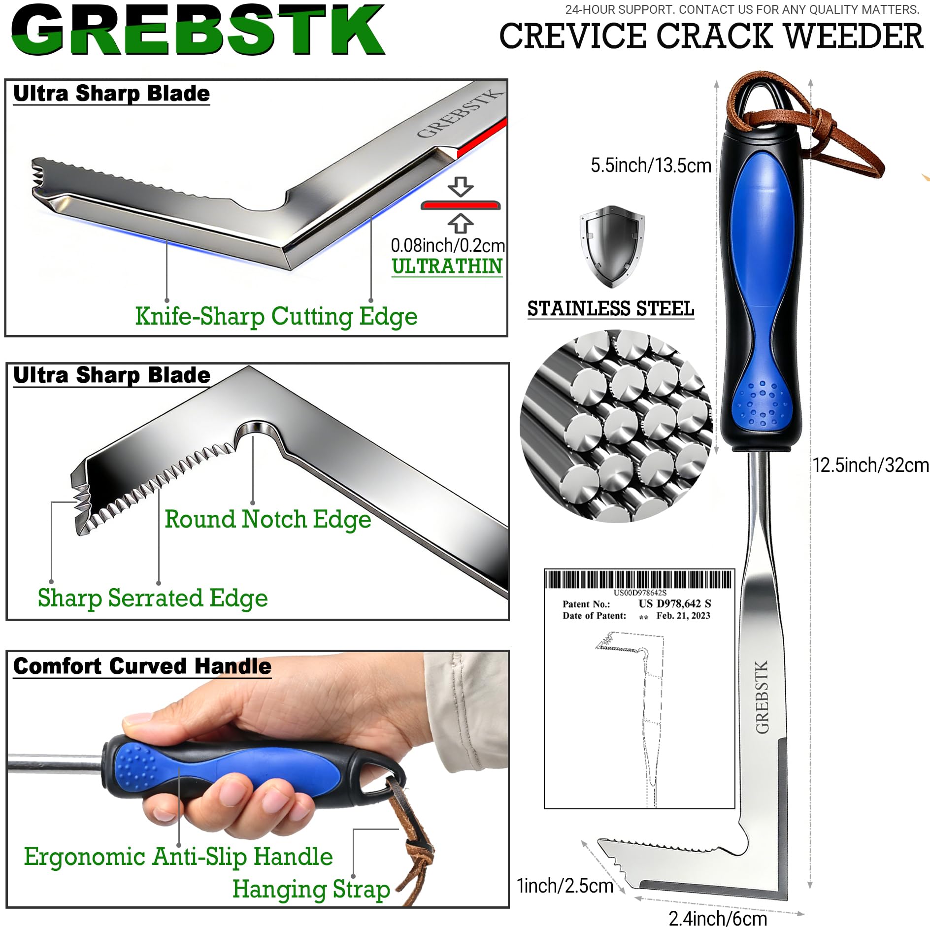 GREBSTK Herramienta de deshierbe manual de acero inoxidable para grietas, herramienta de jardinería