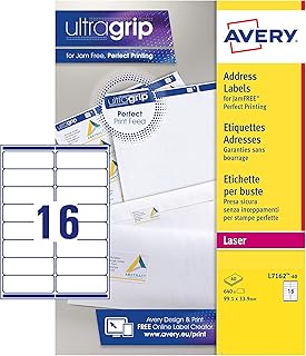 Avery Self Adhesive Address Mailing Labels, Laser Printers,16 Labels Per A4 sheet, 640 labels, UltraGrip (L7162), White, 40 Sheets