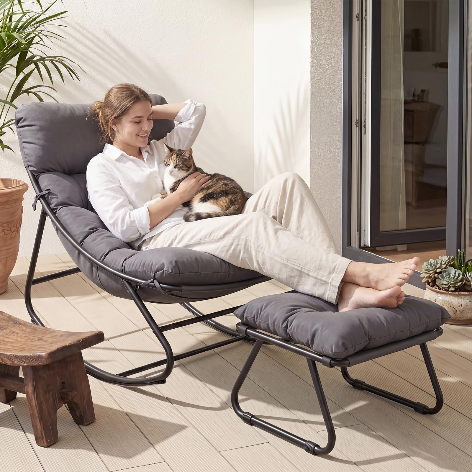 Grand patio Rocking Chair with Cushion for Indoor and Outdoor, Dark Grey | Metal Patio Lounge Rocking Chair with Thick C — deal on Shopping With Noya