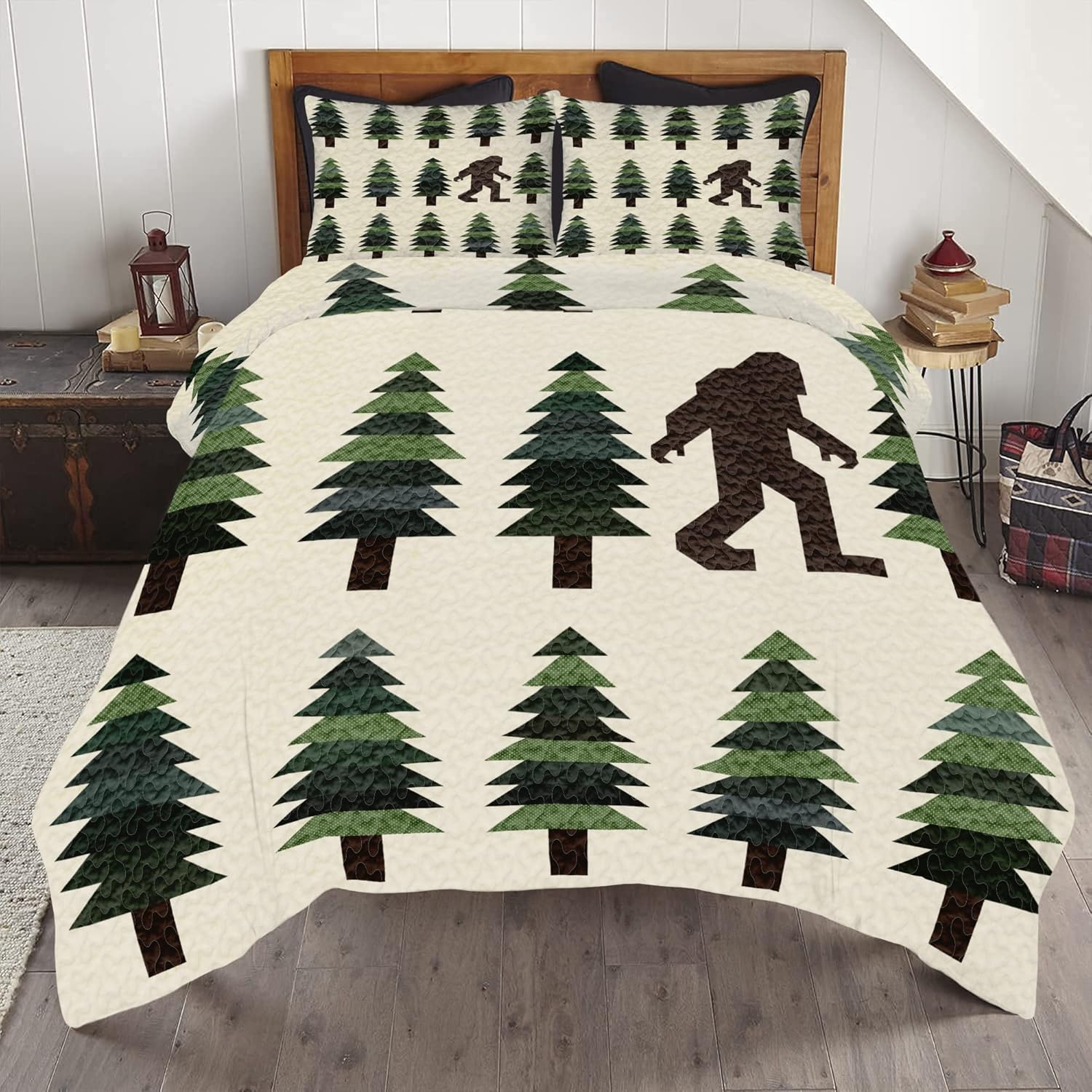 Bigfoot Quilt - Bigfoot Fishing Bedding- Bigfoot in Night and Moon Blue Quilt Set - Sasquatch Bedding Bigfoot Bed Set Twin Queen for Children Adult Teens Girls Boys Soft Microfiber