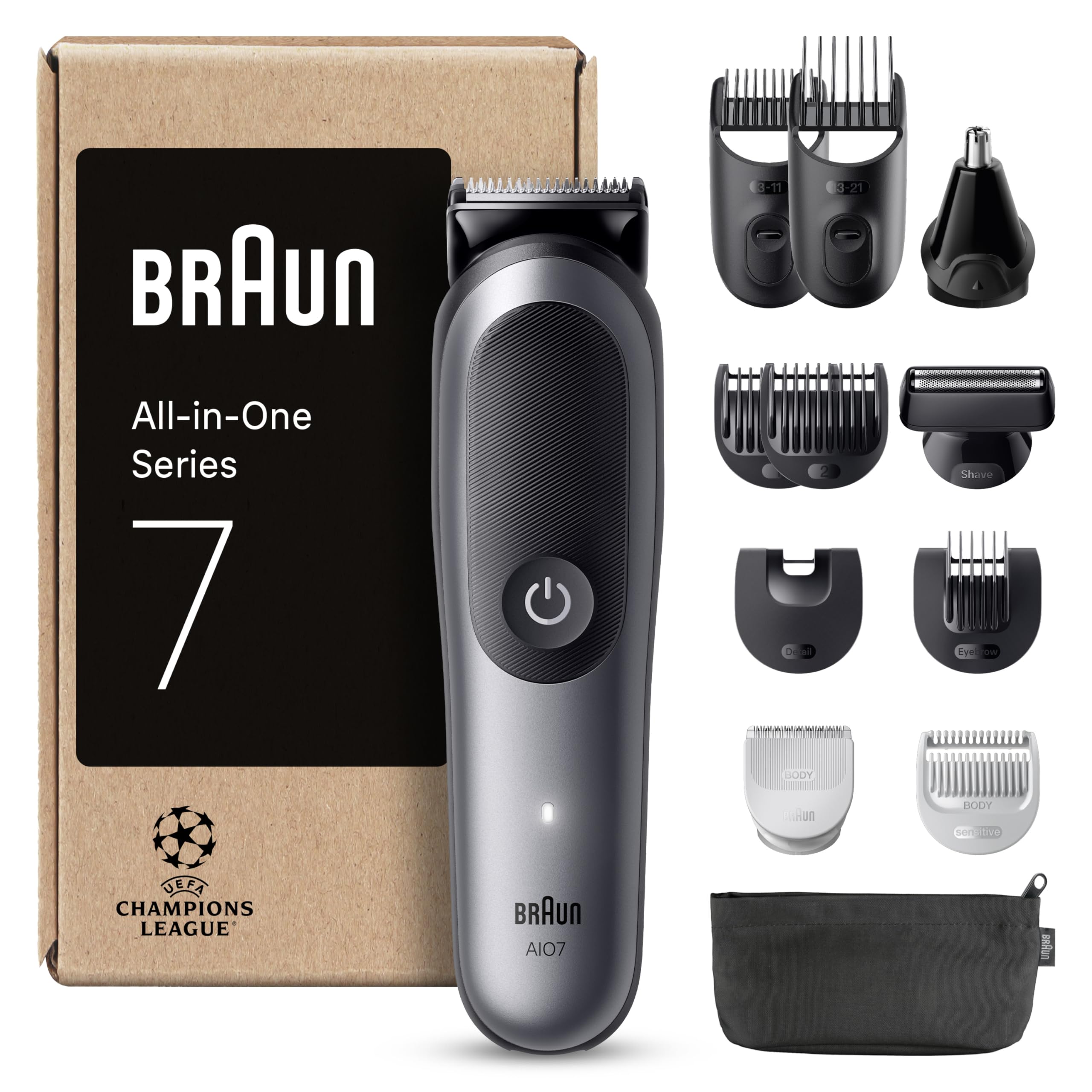 Braun Recortadora Todo En Uno Series 7 AIO7545, Kit De Styling 12en1 Para Barba, Pelo, Orejas, Nariz y Cuerpo, 14 Longitudes, 120 Min De AutonomÃa, Gris, El embalaje puede variar