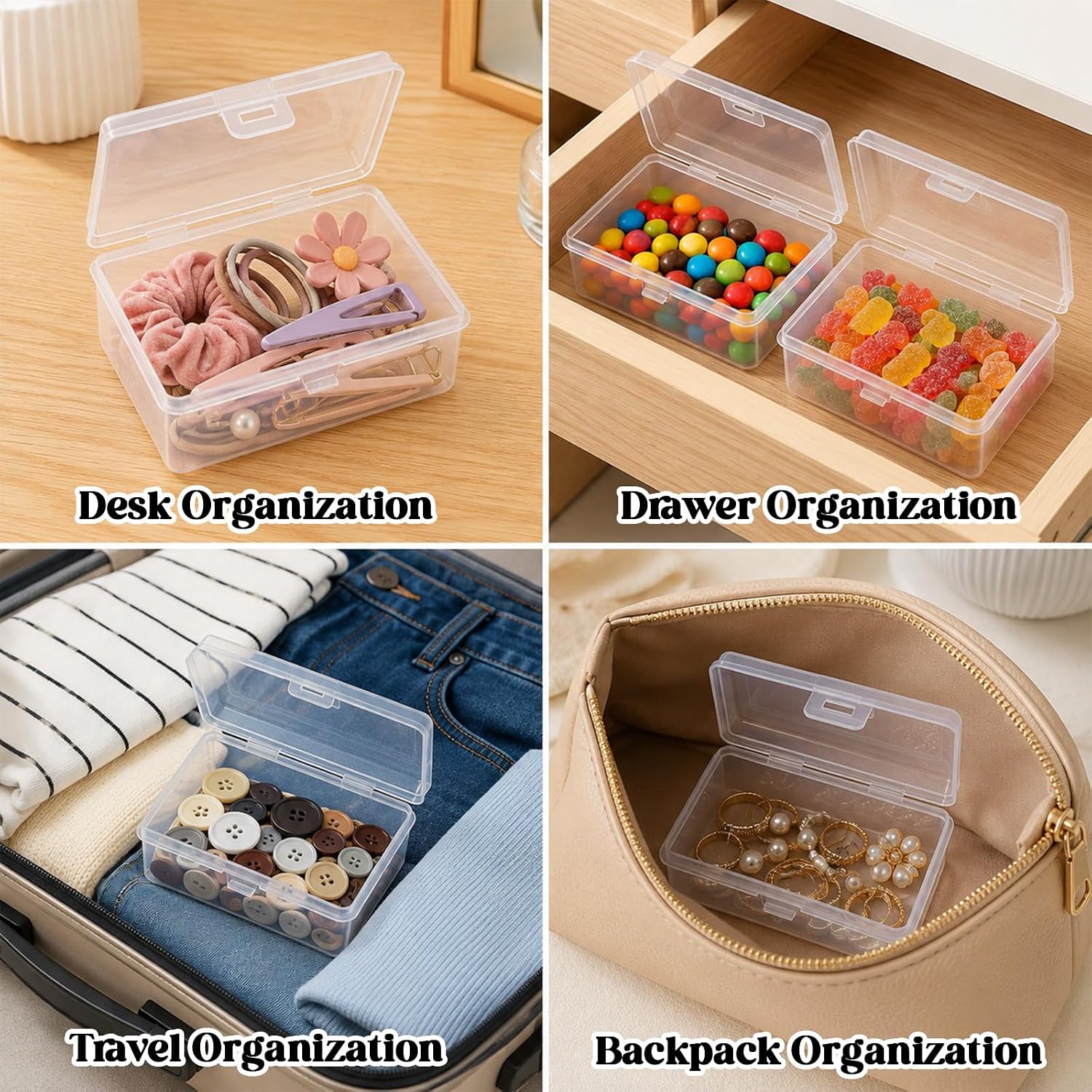 4 PCS Small Containers for Organizing, 3.8x2.6x1.3 Inches Mini Clear Plastic Storage Containers Box with Hinged Lid Rectangle Organizer for Collecting, Beads, Business Cards, Jewelry, Crafts