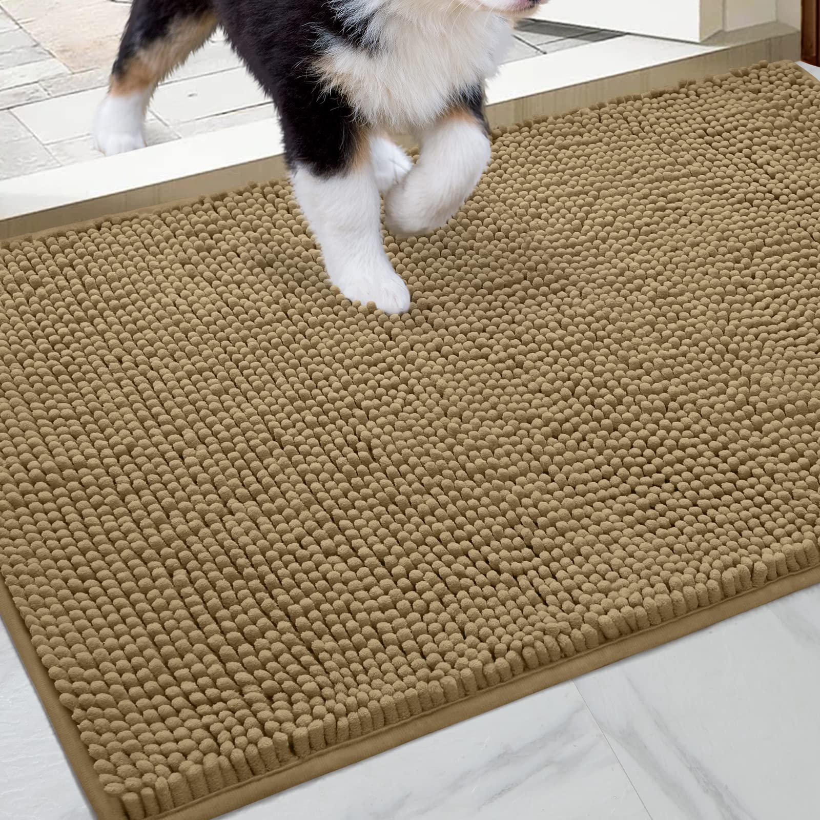 HOMEIDEAS Durable Chenille Absorbent Door Mat Indoor, 24â€œx36â€?, Soft, Traps Water and Moisture, for Shoes and Dog Paws, Machine Washable Rug Doormat for Entryway, Garage, Patio, Taupe
