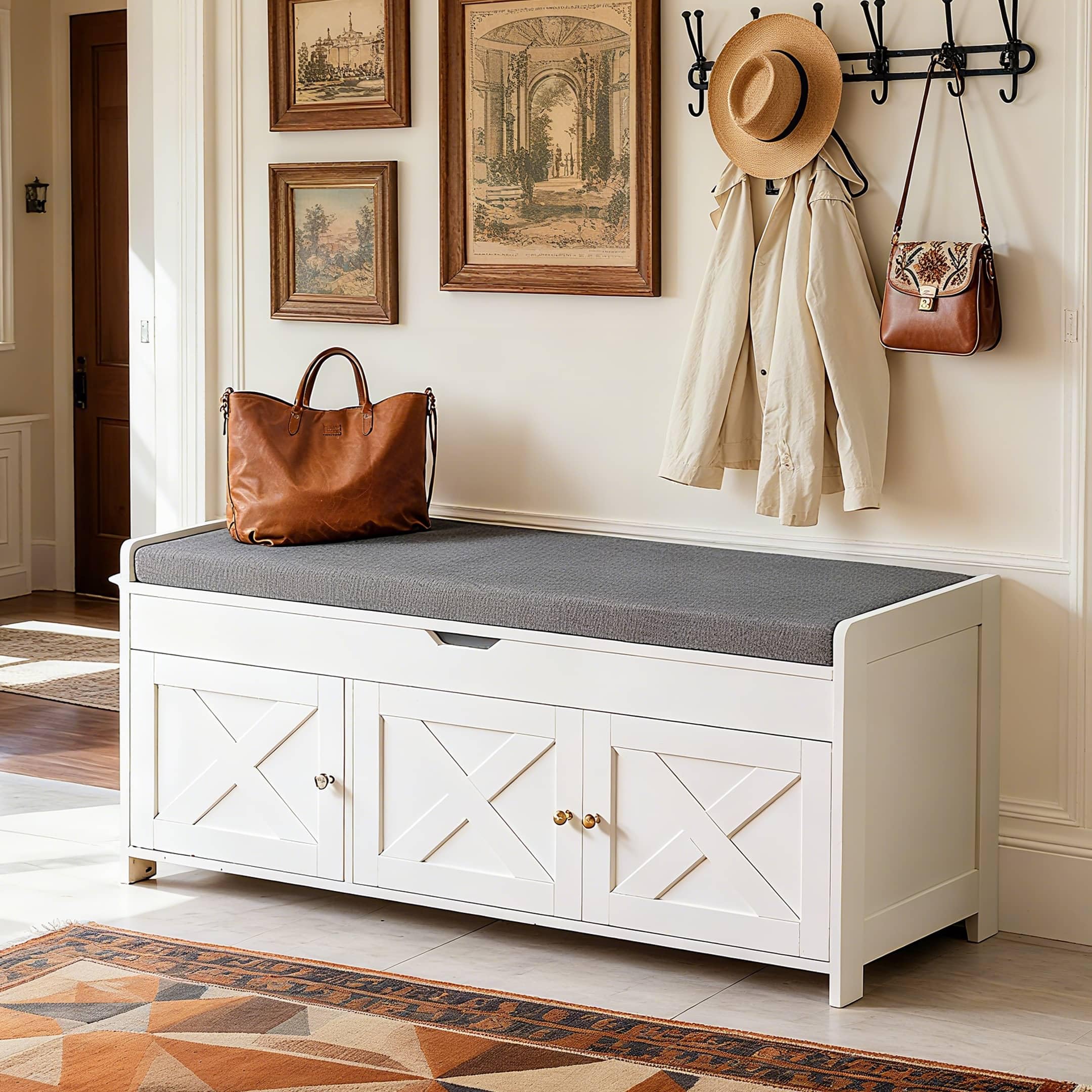 Amada Farmhouse Shoe Storage Bench with Cushion, 3 Doors & Lift-Top Storage, Adjustable Shelves, 300 lbs Capacity Entryway Bench for Bedroom, Living Room, Classic White