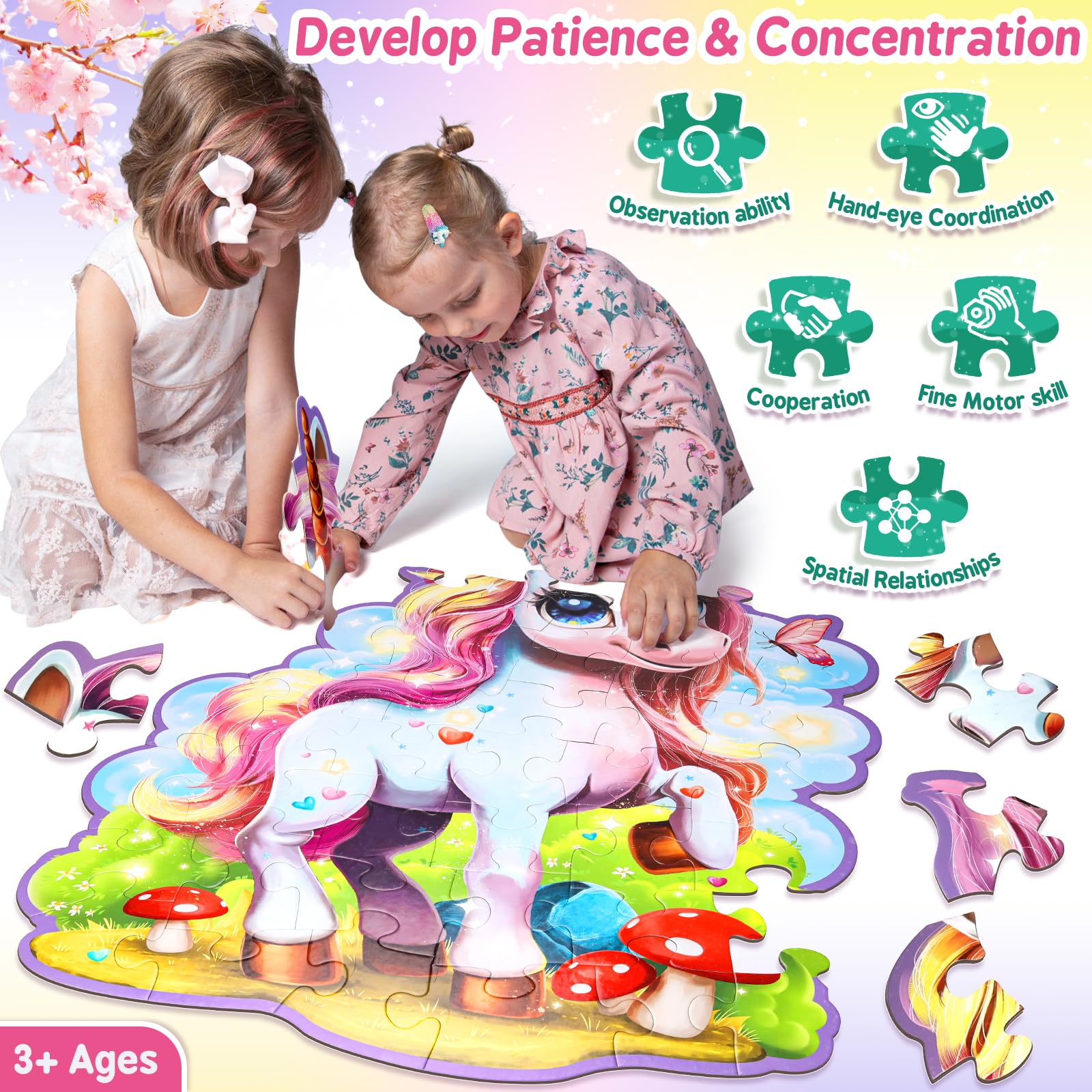 Puzzle De Sol Licorne Pailleté – 45 Pièces, 27 X 33,6 Pouces, Dès 4 Ans, Cadeau Fille 4-8 Ans