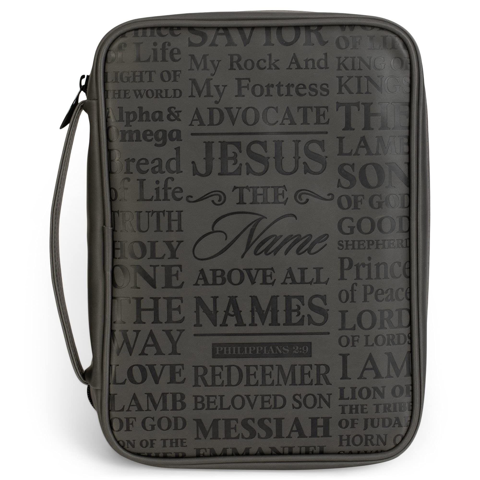 Name Above All Names Scripture Grey Large Print Vinyl Bible Cover with Handle