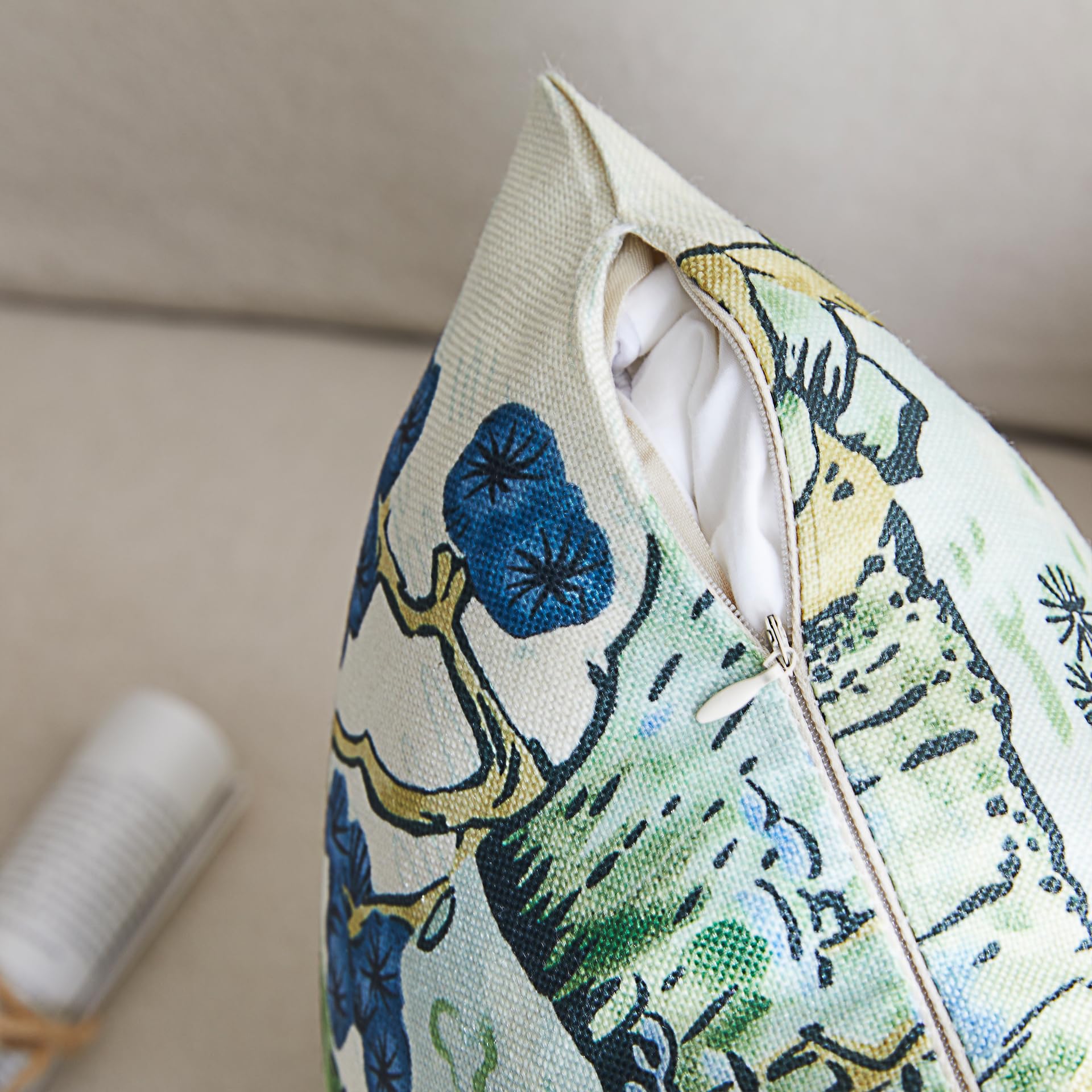 Lot De 2 Housses De Coussin 50x50 Cm Motif Paysage Asiatique - Lin Bleu Et Vert, Déco Salon Rustique