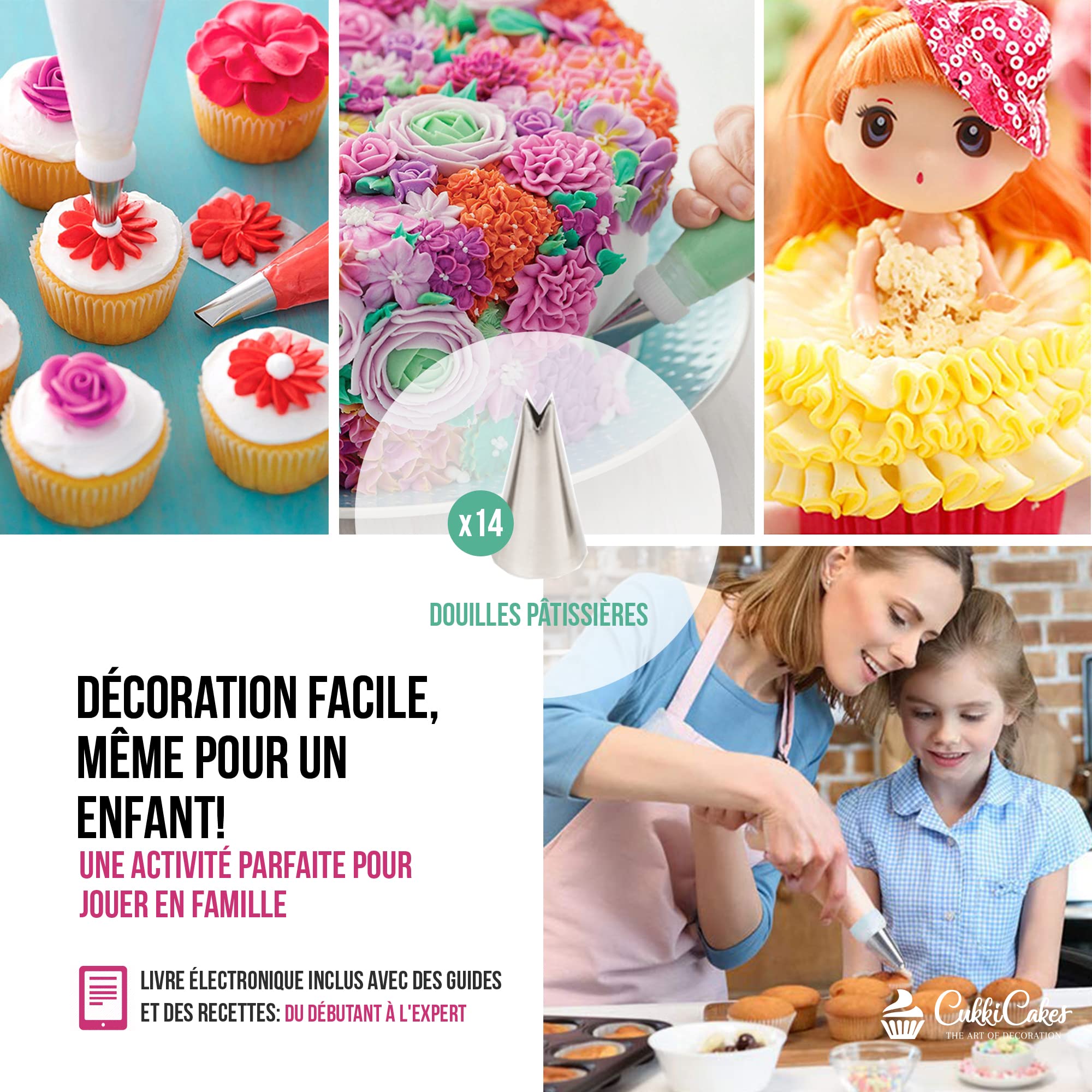 Set de Douilles Russes – 61 pièces pour la décoration florale des gâteaux et cupcakes: 34 embouts de glaçage, 20 sacs à douilles jetables, 1 sac en silicone, 4 raccords et 1 boite cadeau