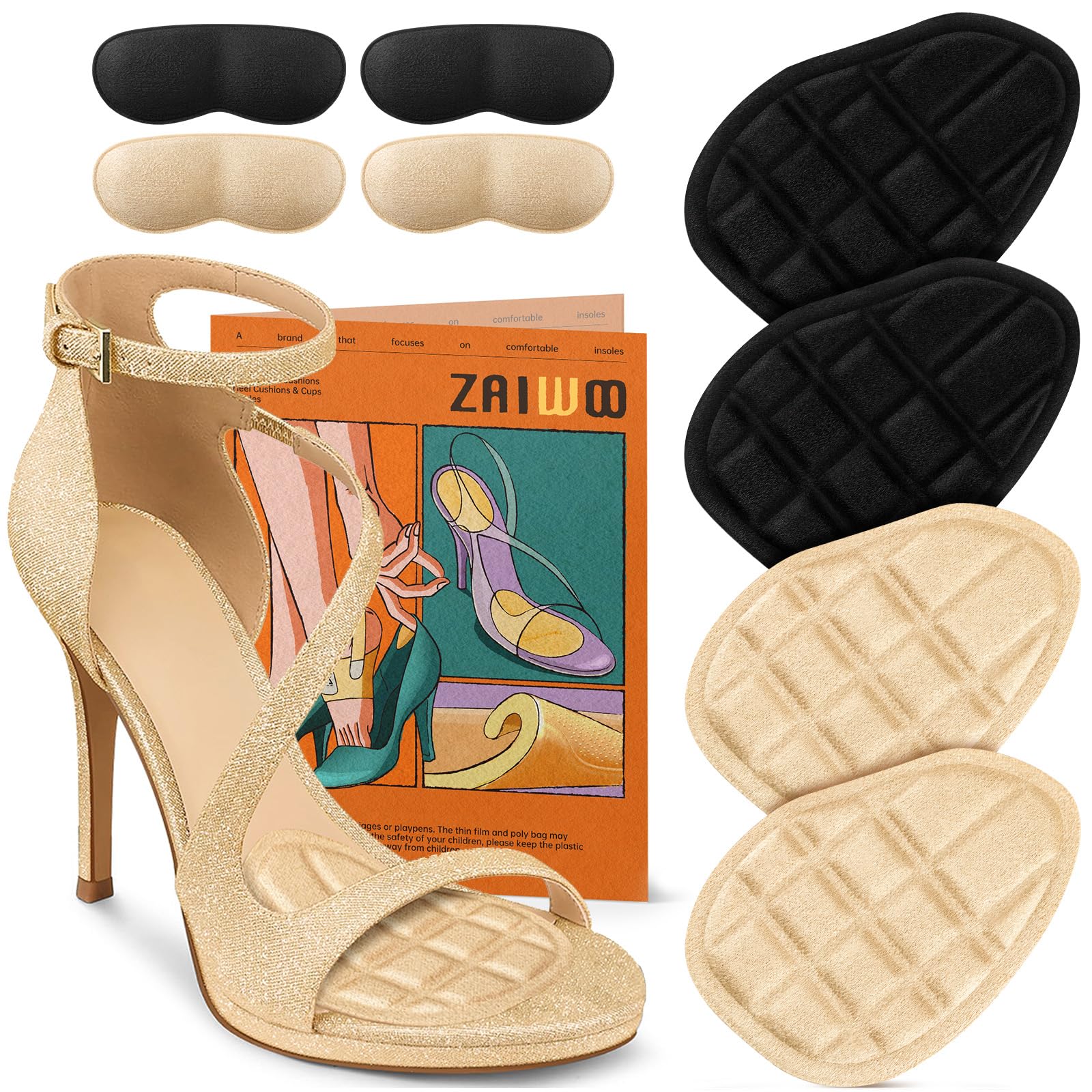 ZAIWOO Metatarsal Pads Women, Ball of Foot Cushions, High Heel Inserts, All Day Pain Relief and Comfort, No Slip Heel Grips Liners Shoe Pads for Loose Shoe(Black+Beige)