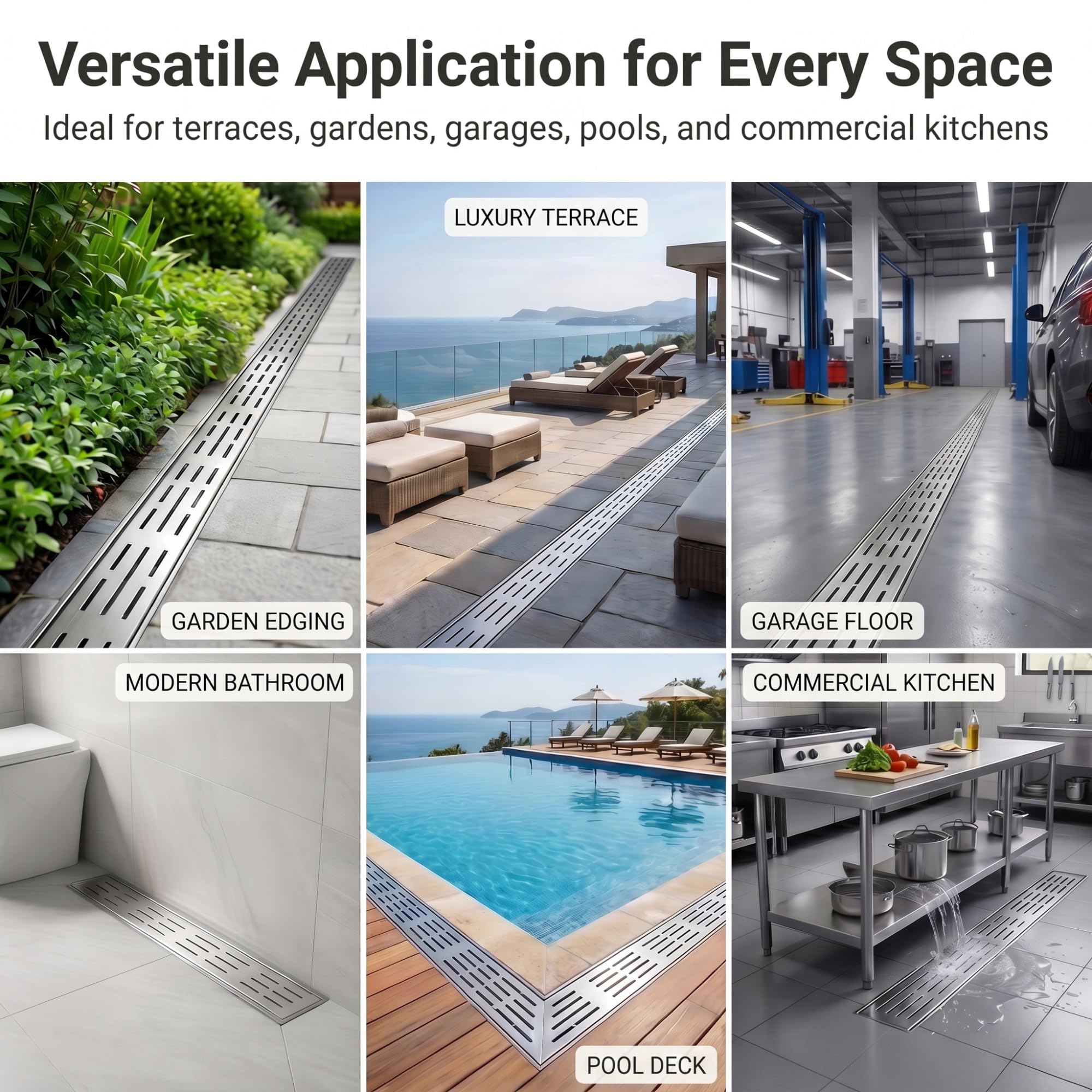 Canal de drainage en acier inoxydable avec grille amovible pour intérieur/extérieur, idéal pour balcon, terrasse, jardin, allée, piscine