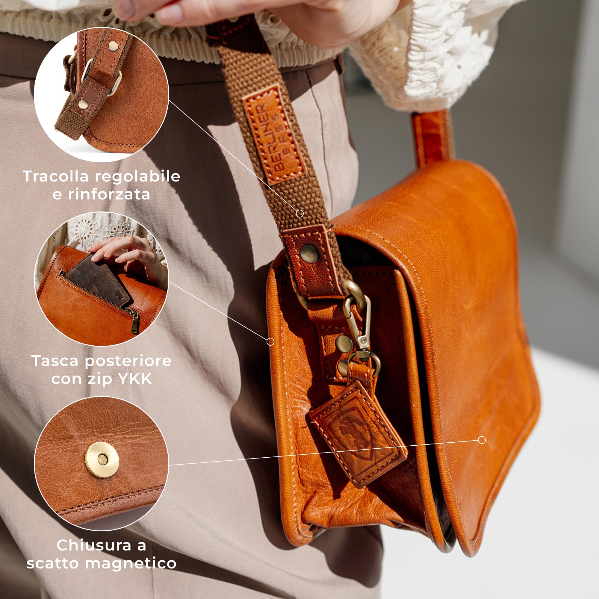 Berliner Bags Lisbon Borsa a Tracolla Donna in Pelle, Borsa Piccola con Patta e Chiusura Magnetica – Marrone