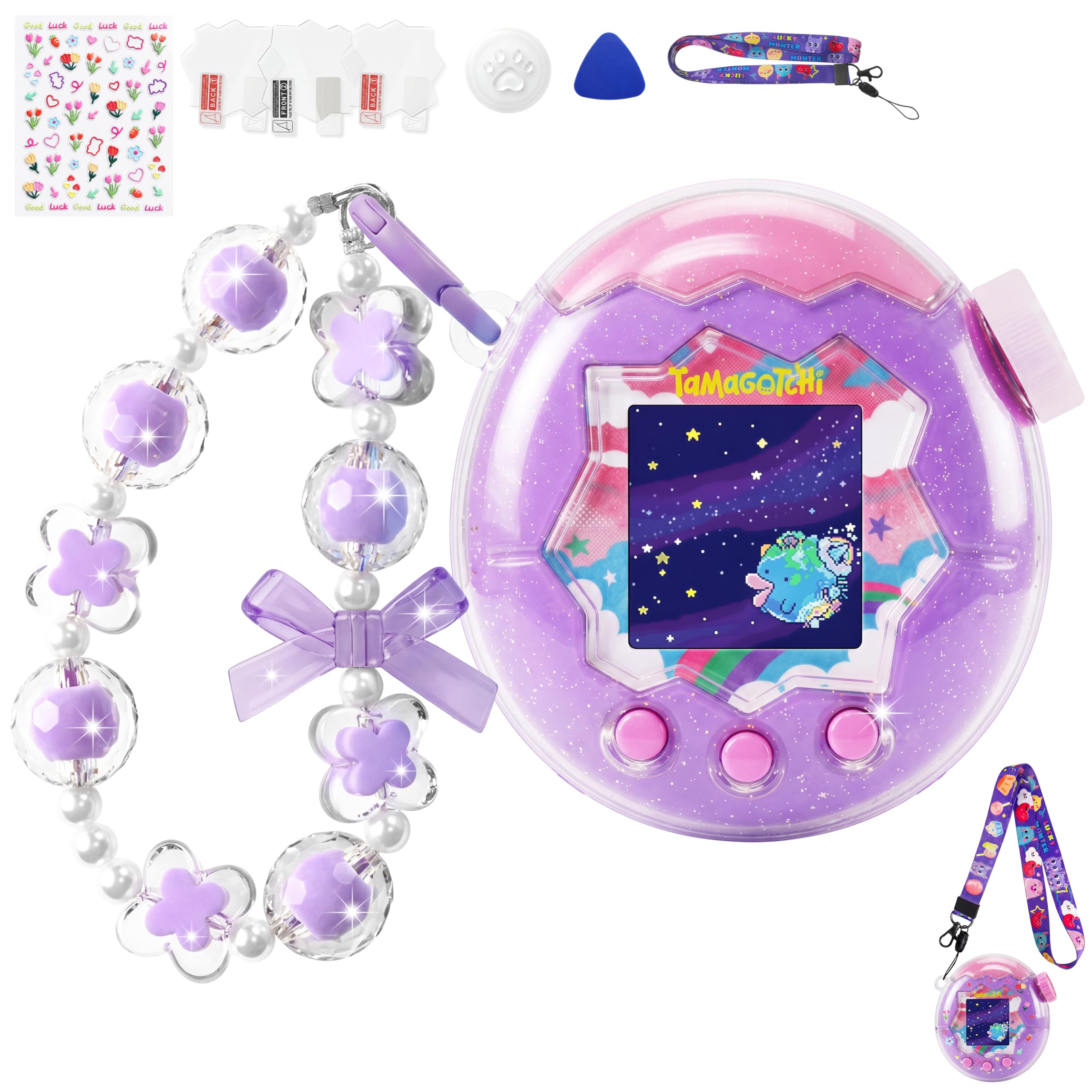 GOKEI 【豪華7点セット】 Tamagotchi Paradise対応 ケース(窓開きタイプ) たまごっちパラダイス 保護ケース 通信対応 カバー + ネックストラップ + ハンドストラップ + 液晶保護フィルム3枚 + ステッカー + ボタンカバー + 取り外しツール 実機検証済 全周囲保護 PC素材 衝撃吸収 プレゼント ギフト ラメ入りクリア