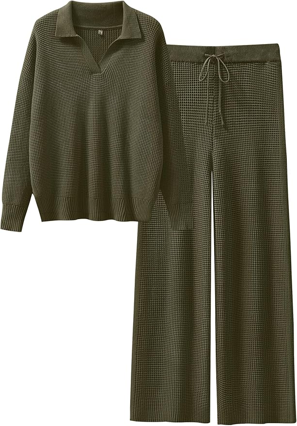 Women Two Piece Outfits Sweater Sets Lounge Waffle Knit Pullover Matching Wide Leg Pants Tracksuit 2025 Fall Fashion