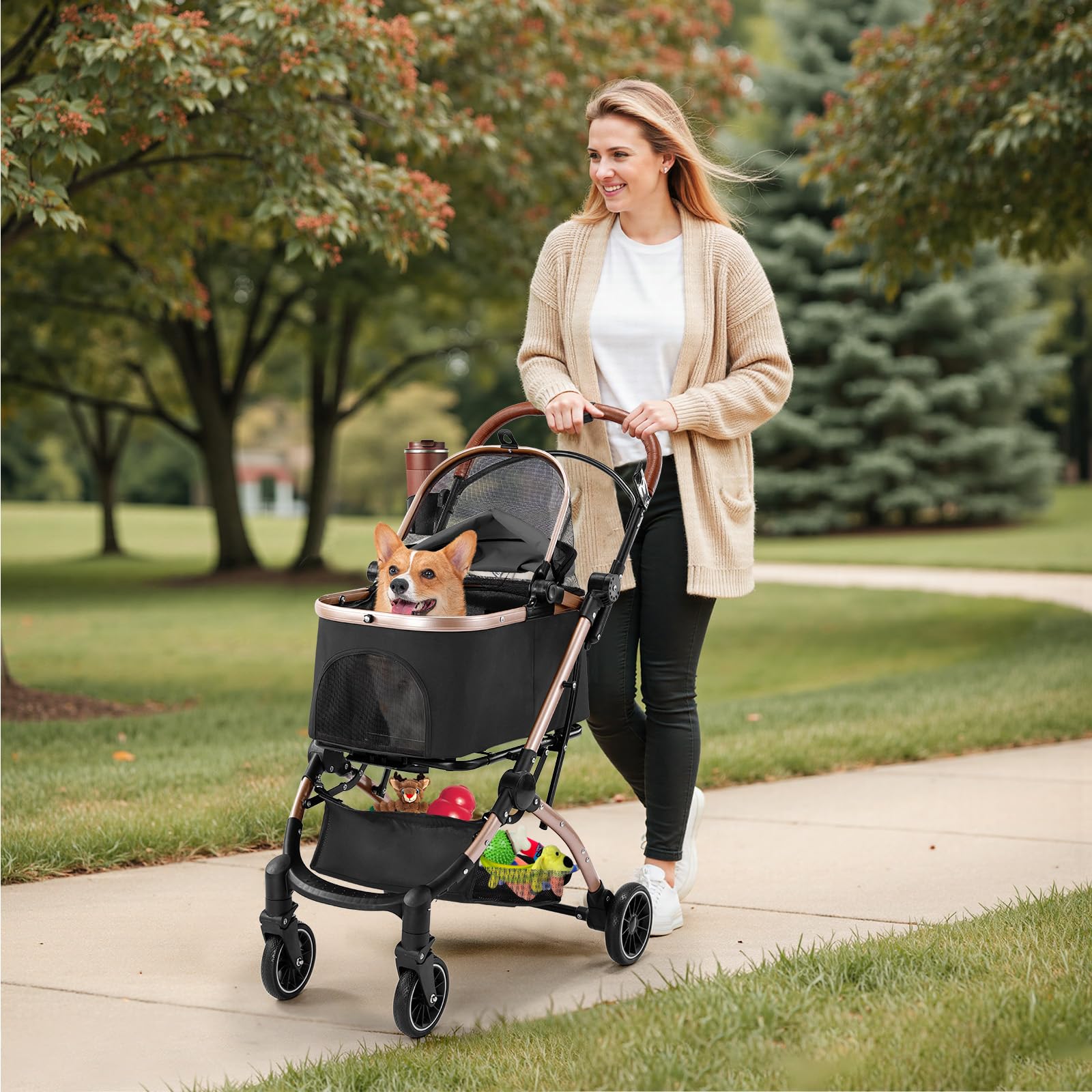 Gimars Mejora 4 en 1 Soporta 20kg Carrito Plegable para Perros Gatos Mediano Pequeño, Cochecito Perro con Portabebés Desmontable Ruedas Delantera Goma 360° Lluvia Funda Almacenamiento Cesta Negro