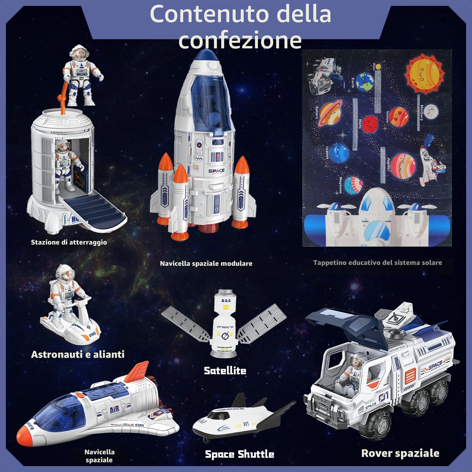 deAO Razzo e Navetta Spaziale per Bambini 3+, Giocattolo Educativo STEM con Astronauti, Rover, Stazione Spaziale e Tappetino Sistema Solare