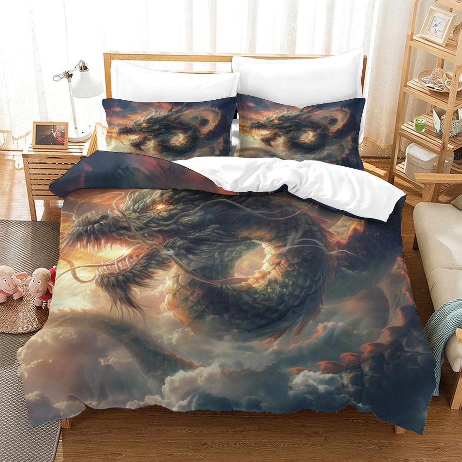 Stampato in 3D Loong cinese Copertina Stampata Microfibra Disegnata Biancheria Da Letto Ipoallergenico Set 3 Pezzi,Double（200x200cm）, Per Adolescenti E Adulti