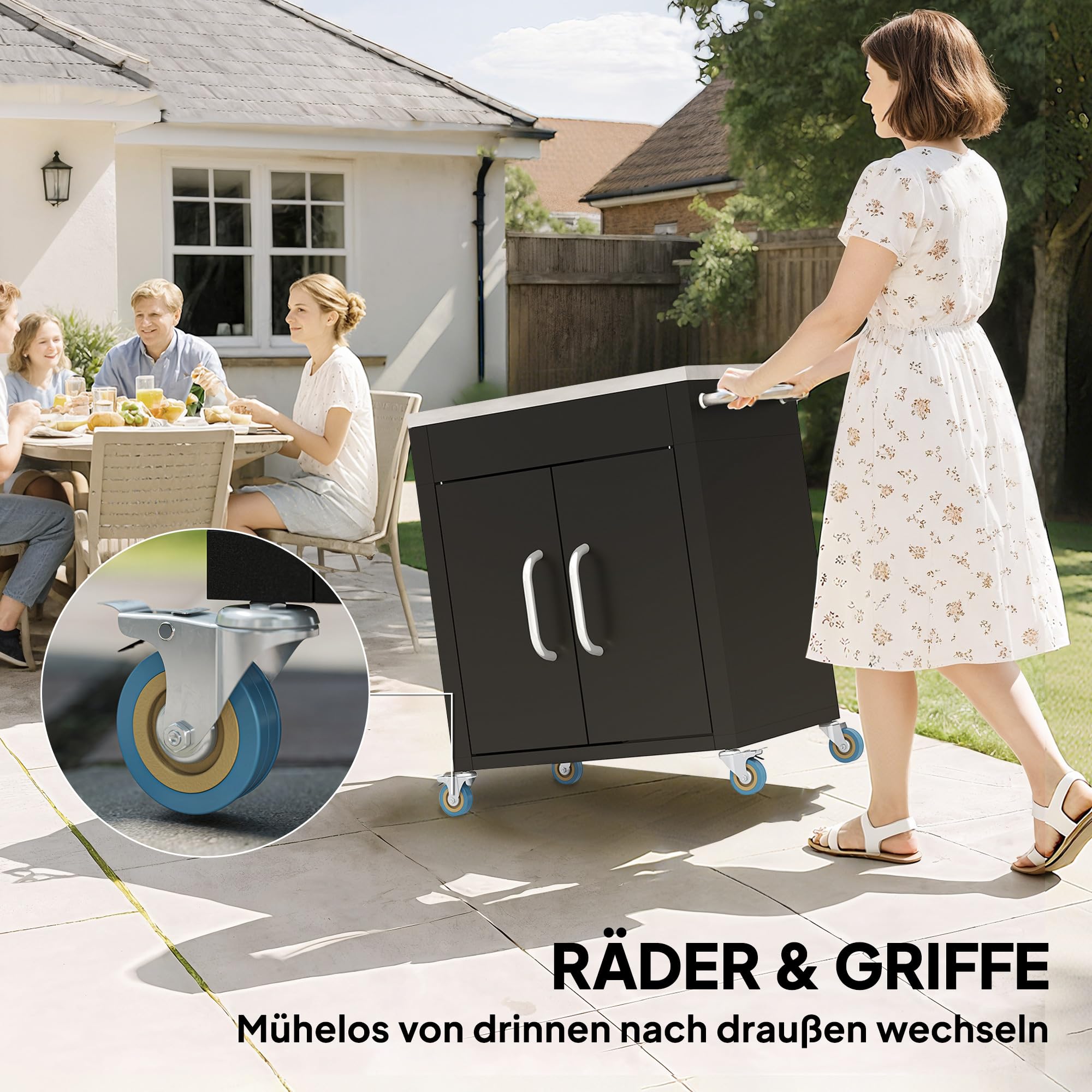 HOMCOM Küchenwagen mit Rollen mit Schrank Haken 86 x 50 x 86,5 cm Schwarz | Servierwagen, Küchentrolley, Edelstahlgriffe, Rollwagen, Küchenhilfe