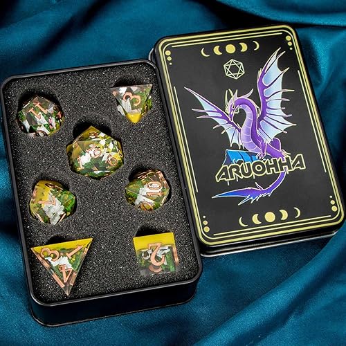 Miniatura 7 de ARUOHHA Juego de dados de resina DND Mountain Peak D&D con caja, dados poliédricos translúcidos amarillos de Calabozos y Dragones, juegos de rol