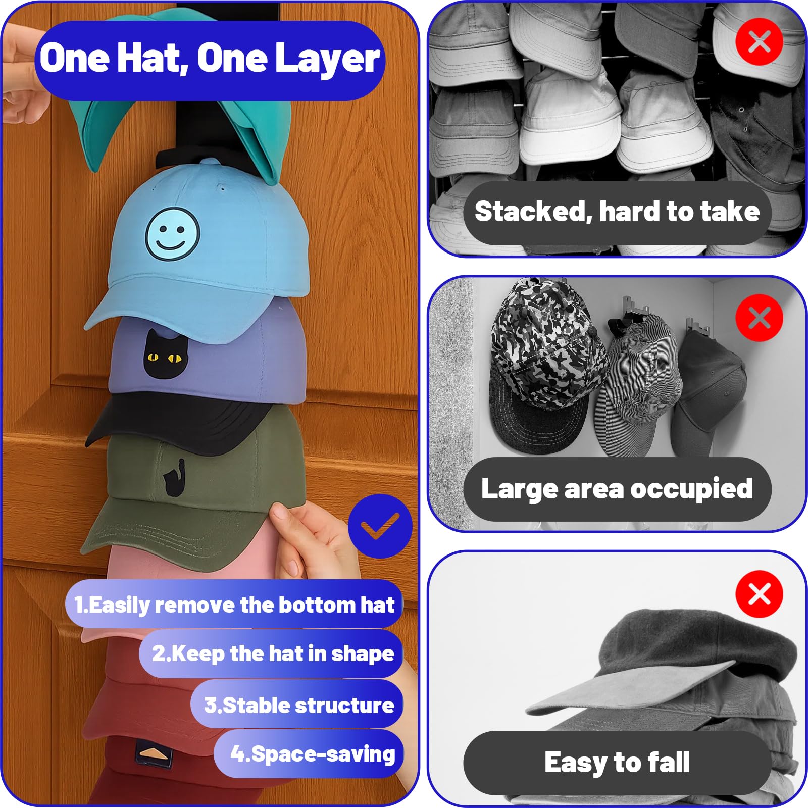 2 Stück Praktische Hutablage mit Haken, Cap Halterung Wand, Stabile Halterung Wand, Kappenhalter, Cap Organizer, Organizer für Mützen, Basecaps Typ B (Schwarz)