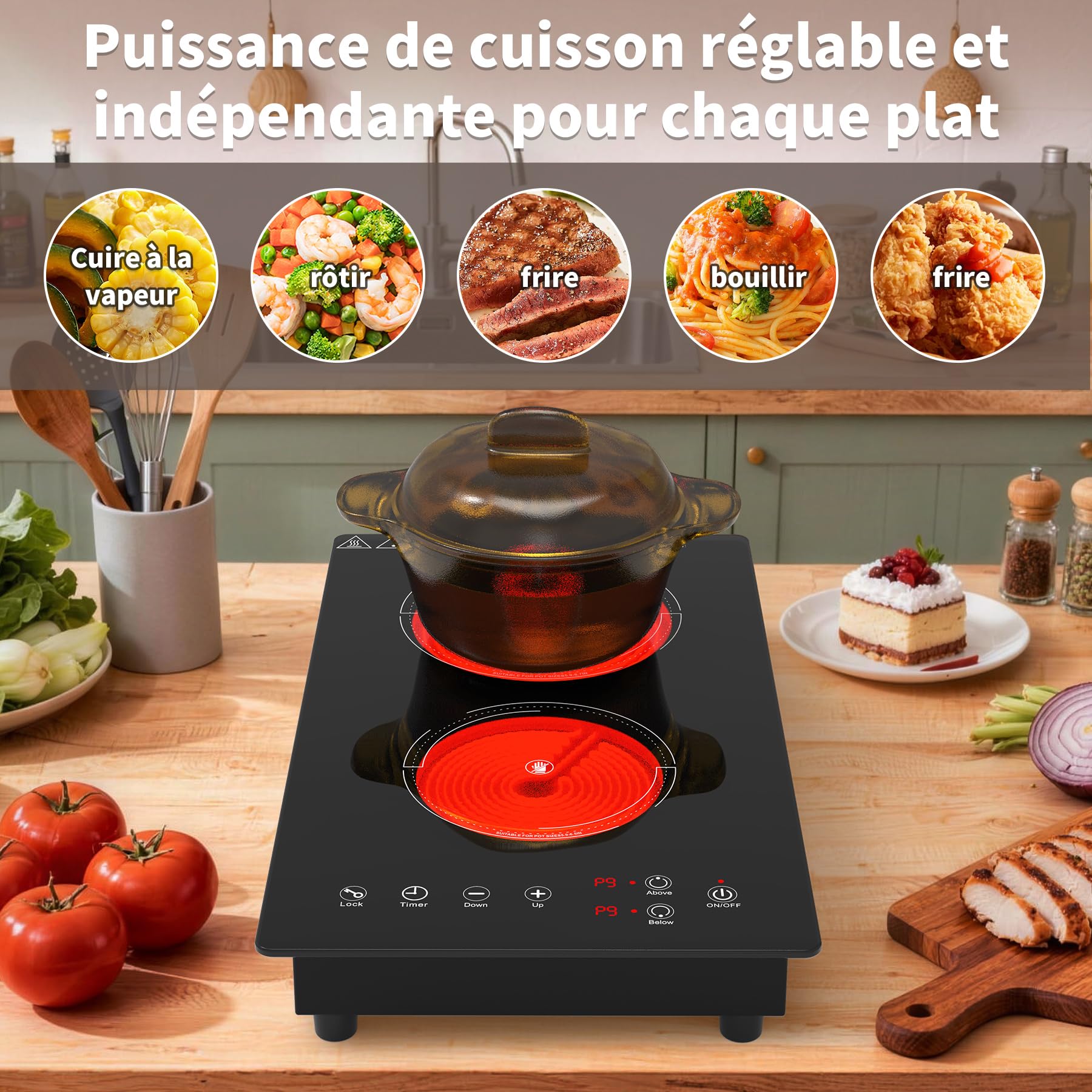 VBGK plaque de cuisson, 220V, 3000W, plaque vitrocéramique 2 feux avec commande tactile LED, 9 niveaux de puissance,Verrouillage enfant & Minuteur 4heures,plaque vitrocéramique 28.8 centimètre 2 feux