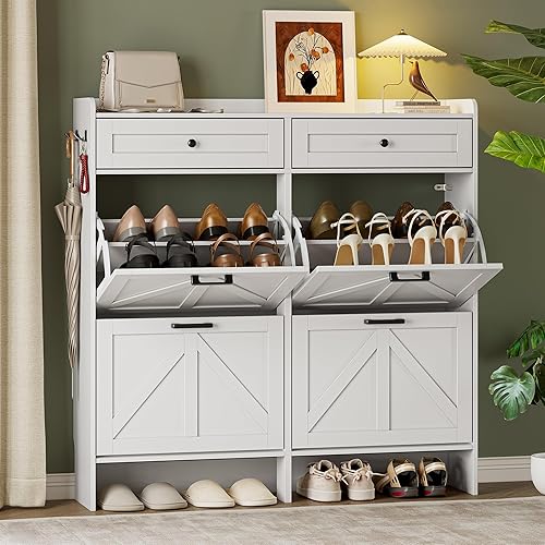 Miniatura 1 de Armario de almacenamiento de zapatos para entrada, armario ancho de casa de campo con 4 cajones abatibles y 2 cajones superiores, organizador