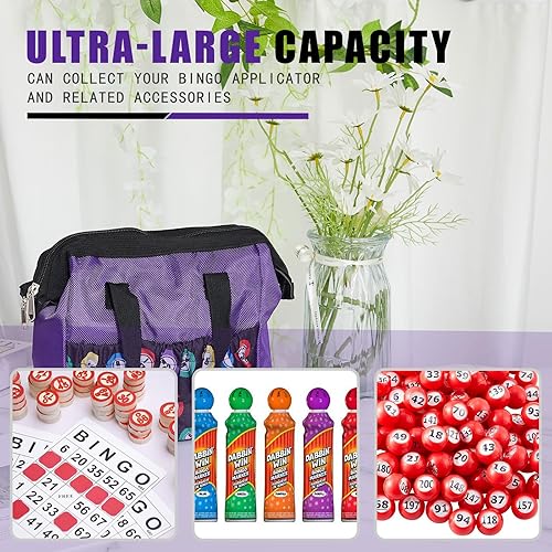 Miniatura 6 de Bolsa de bingo Dauber de 2 piezas, bolsa de bingo con asa y cremallera, con 6 bolsillos externos y 3 bolsillos internos para salir (color morado)