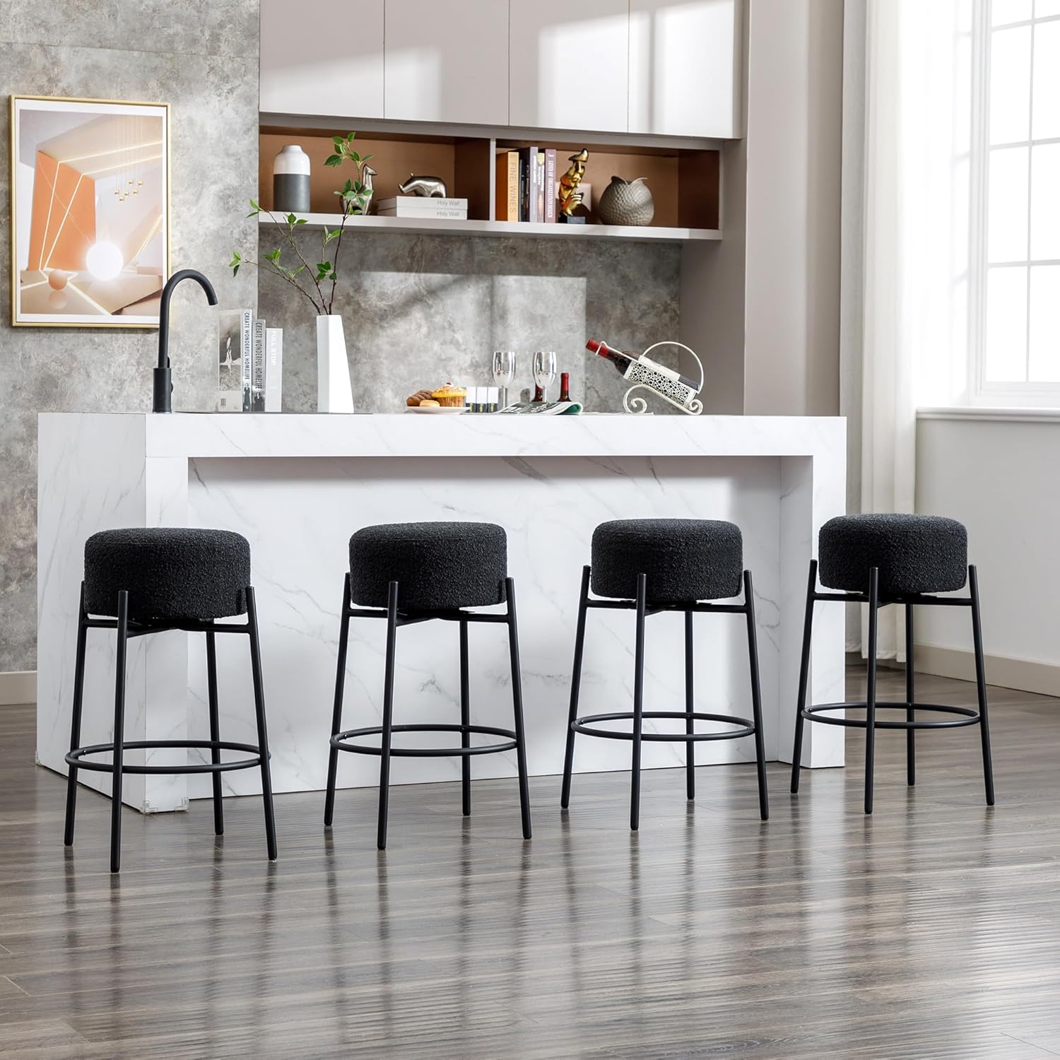 Flouki Boucle Bar Stools, Counter Height Barstools, Island Chairs, Stools for Kitchen Counter, Boucle Fabric Upholstered with Metal Base, 26 inches H, Set of 3, Black