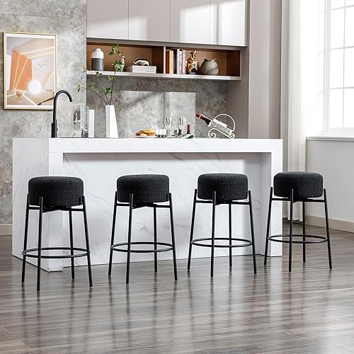 Miniatura 5 de Flouki Taburetes giratorios para mostrador, juego de 2 taburetes de bar tapizados de tela Boucle, taburete de bar de altura de mostrador sin espalda