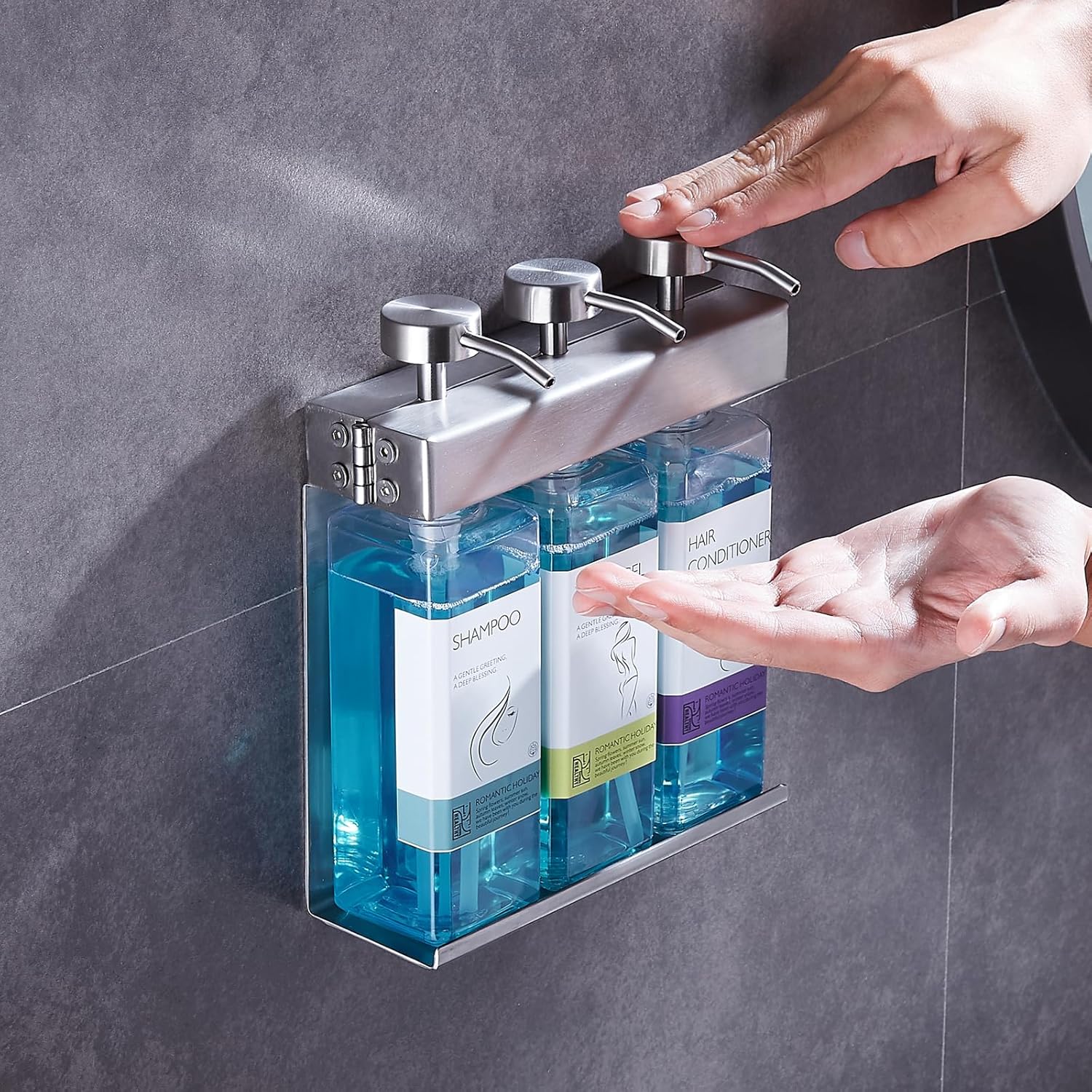 Shampoo, Conditioner, Bath Shampoo Dispenser 3 refillable soap Dispenser Pump Bottles - Bathroom Stainless Steel Wall-Mounted Bath Soap Dispenser Empty Shower Gel Dispenser Set (3 Room)