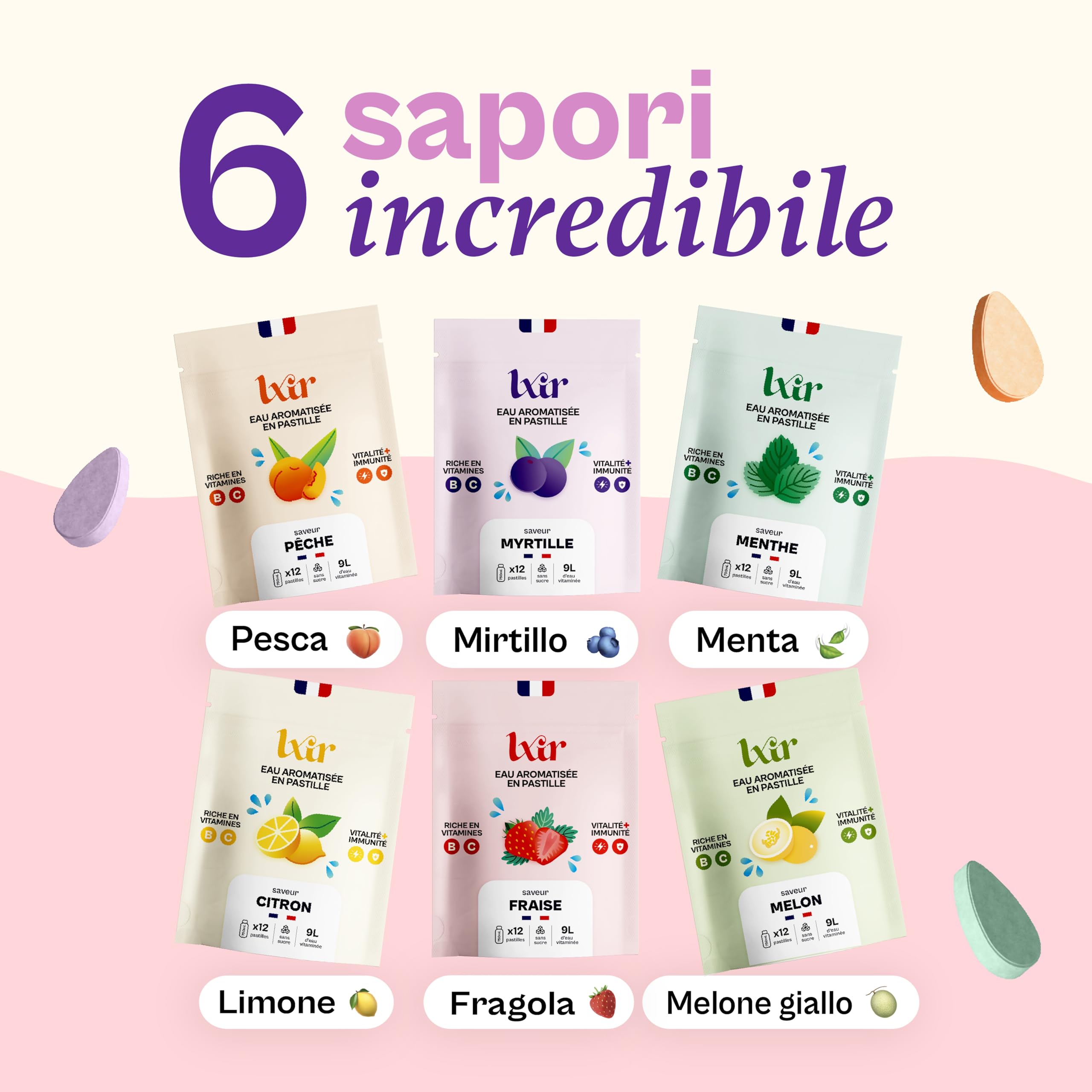 LXIR DRINK – Compresse per acqua aromatizzata senza zucchero – Bevanda multivitaminica – Vitamine C e B – Idratazione quotidiana – Bellezza della pelle – 48 compresse (Limone/Pesca/Menta/Fragola)