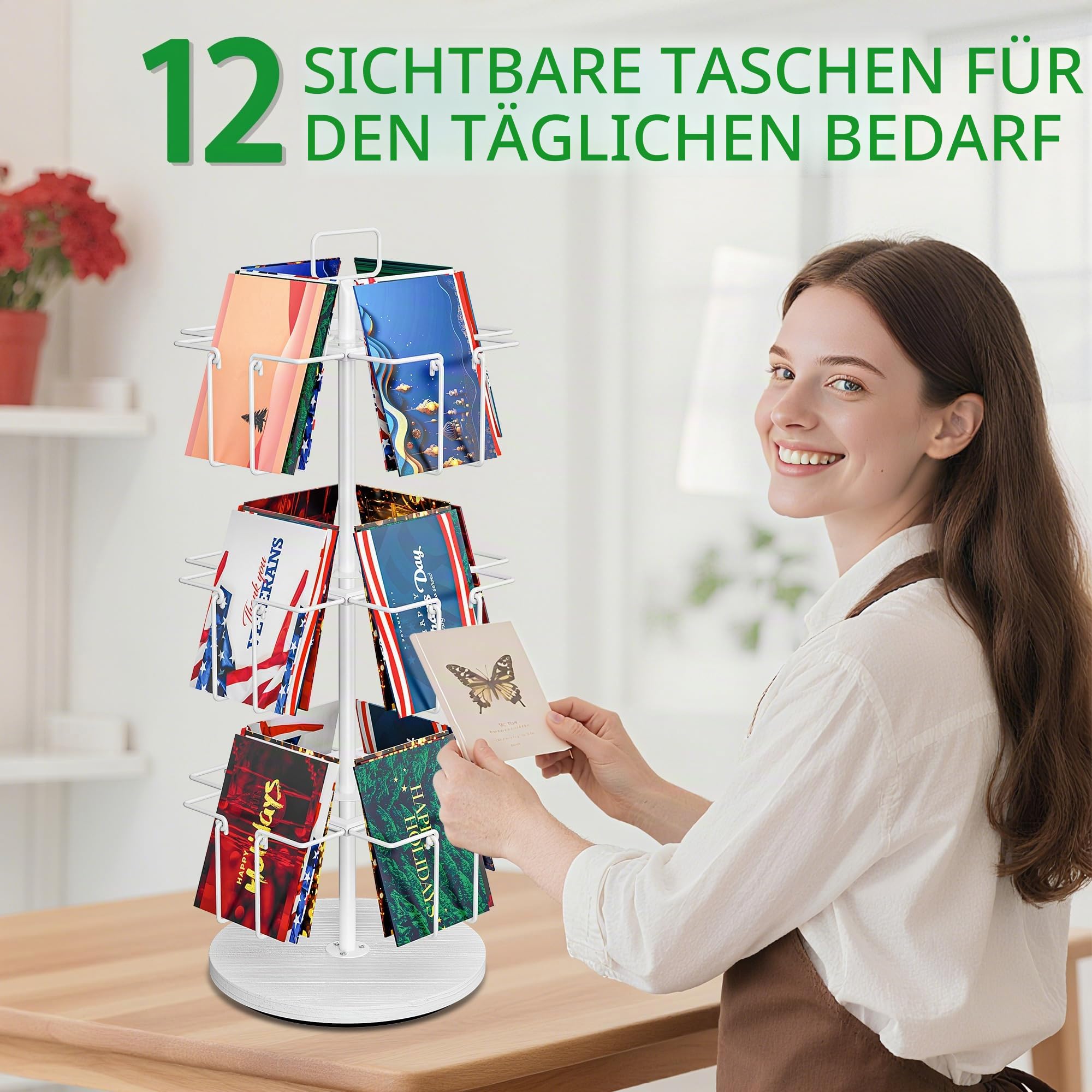 3-stöckiger drehbarer Grußkartenständer mit 12 Taschen, Metall-Grußkartenregal für Aufkleber, Fotokarte, Broschüren, Arbeitsplatte, Postkartenhalter, Präsentationsständer für Zuhause, Vitrine