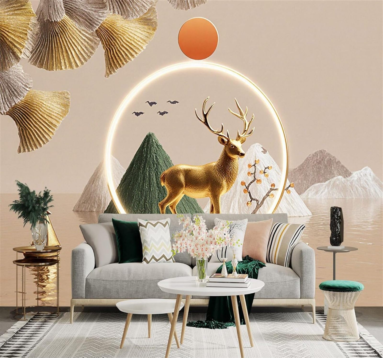 XLMING Golden Deer Mountains Sunset Lakes Art 3D Wallpaper Silky Texture Home Study Office Grey Dining Room Sofa Bedroom Living Room TV Backdrop-350cm×256cm