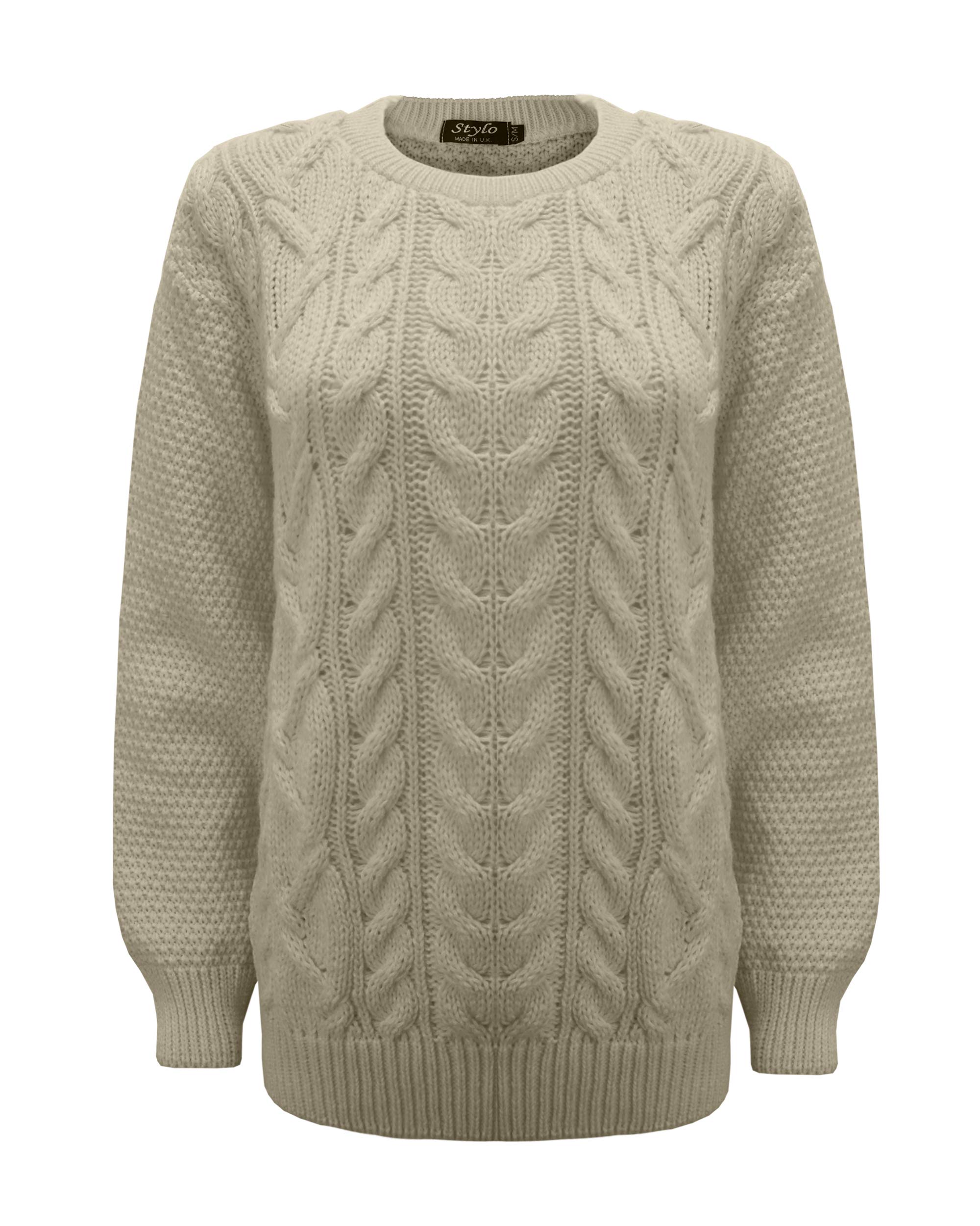 New Ladies Womens Cable Knit Long Sleeves Knitted Jumper Over Size Sweater Top 8-14[Stone, LXL]