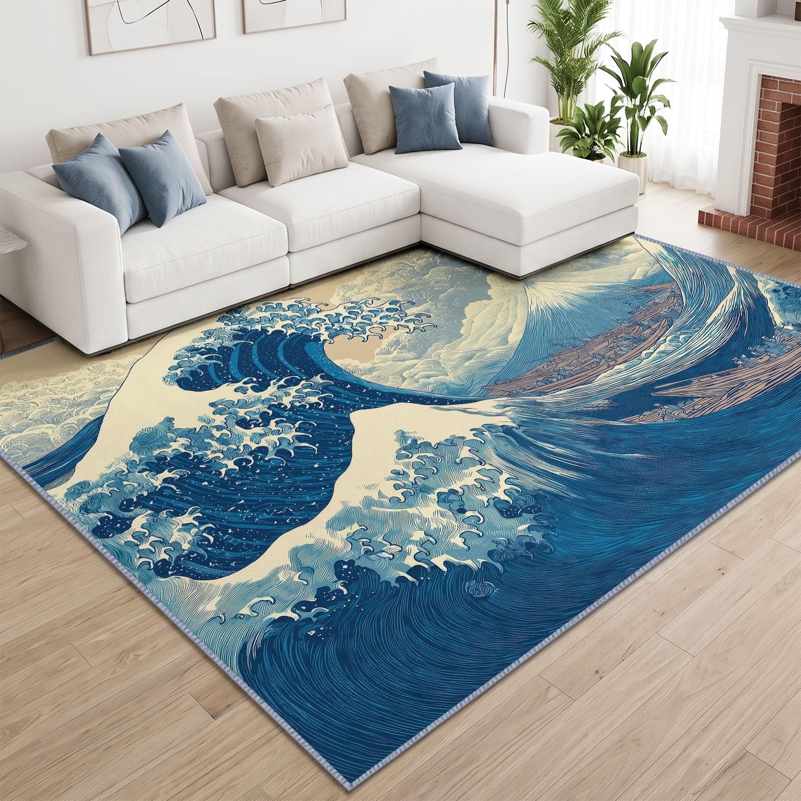 Alfombra japonesa Ukiyo-e lavable para salón, 180 x 240 cm, con ondas grandes de escarcha, suave, antideslizante, de pelo corto, alfombra grande para dormitorio, cama, comedor, oficina