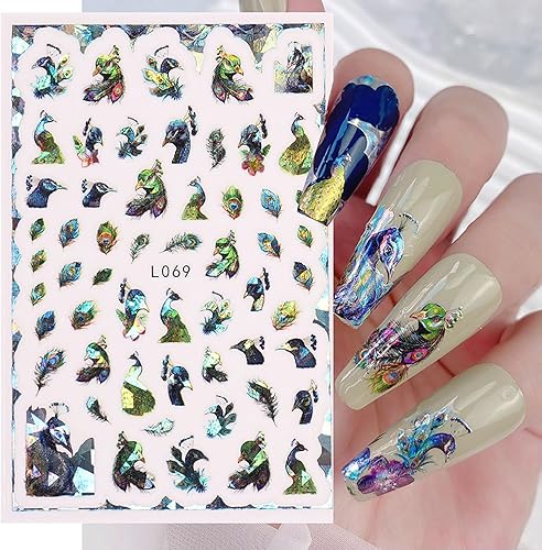 Miniatura 6 de 8 hojas de calcomanías de arte de uñas de flores de animales, calcomanías autoadhesivas 3D de mariposas, pavo real, suministros de arte de uñas,