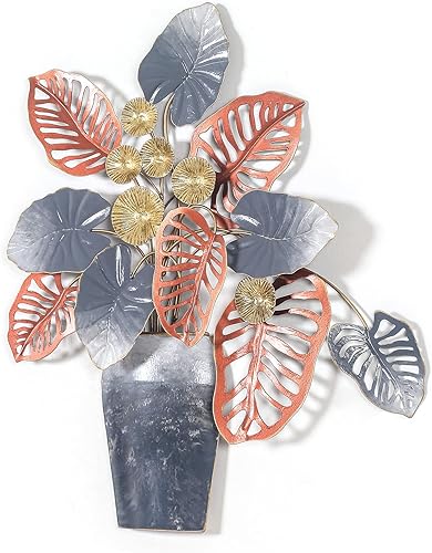 Adeco Decoración de pared de hojas de metal de 19 pulgadas en jarrón para el hogar, esculturas artísticas para la sala de estar, dormitorio,